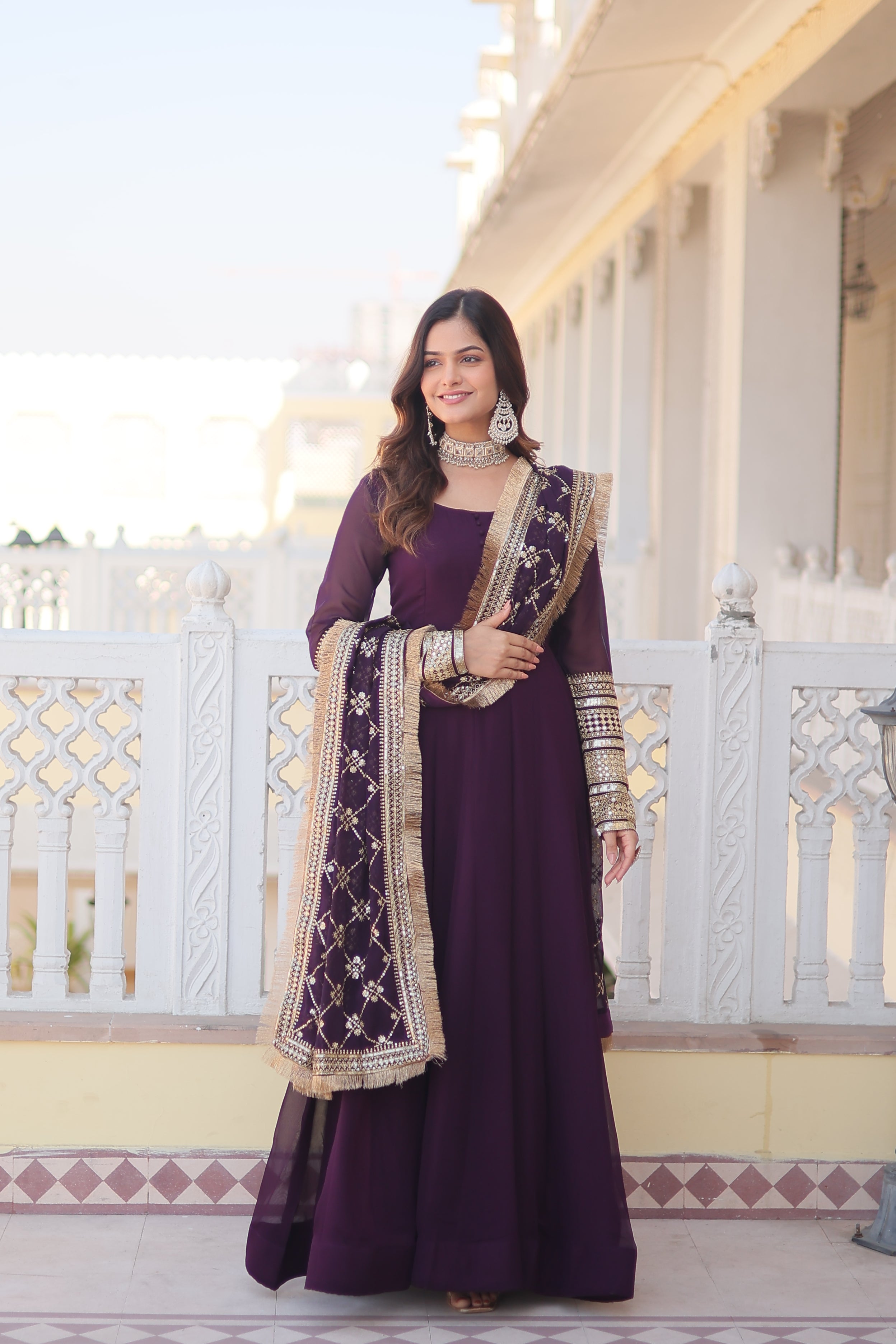 Women’s Wine Faux Blooming Gown with Dupatta – Embroidered Sequins & Lace Border