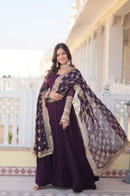 Women’s Wine Faux Blooming Gown with Dupatta – Embroidered Sequins & Lace Border