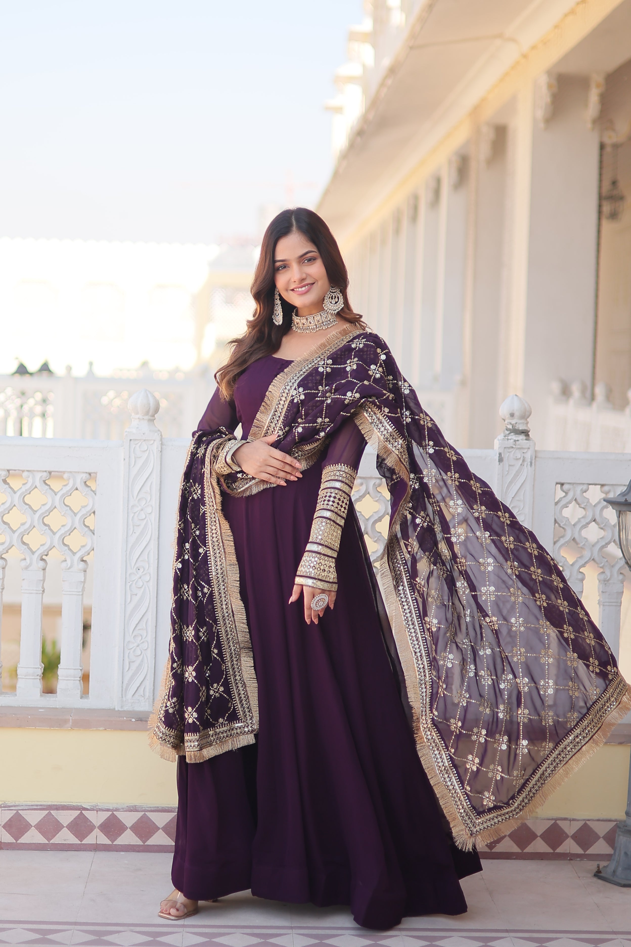 Women’s Wine Faux Blooming Gown with Dupatta – Embroidered Sequins & Lace Border