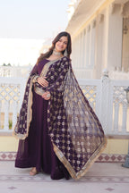 Women’s Wine Faux Blooming Gown with Dupatta – Embroidered Sequins & Lace Border