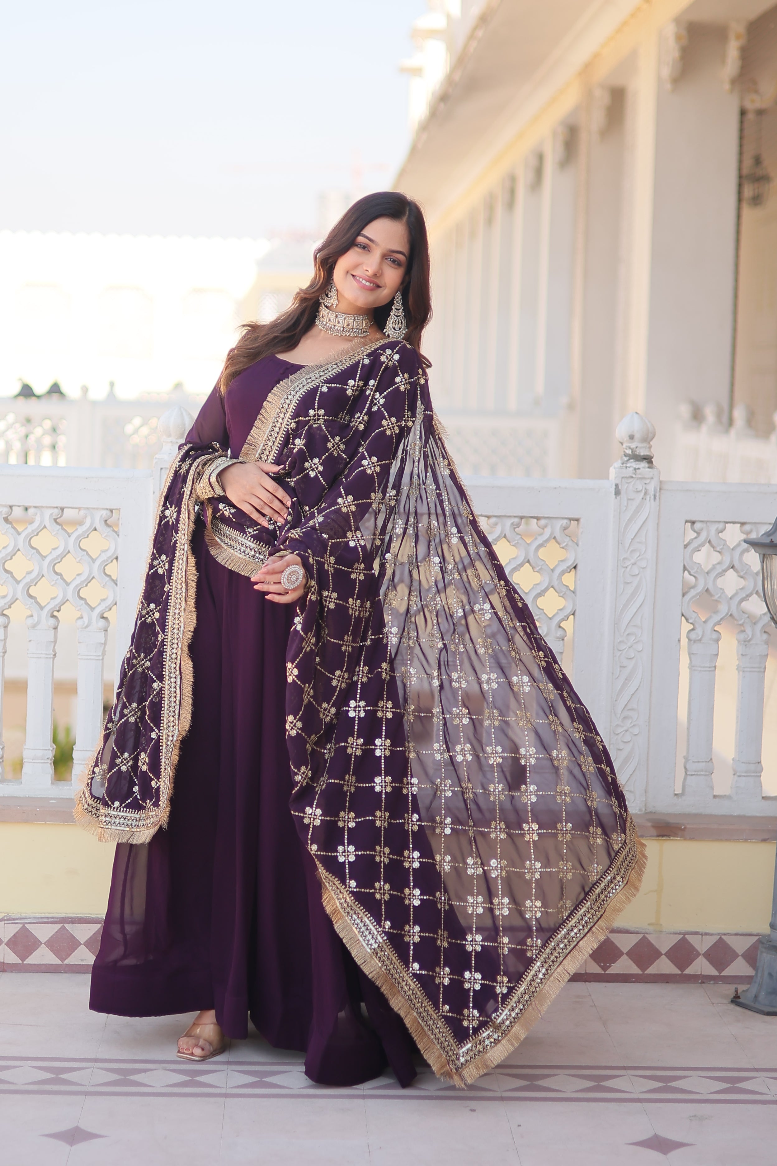 Women’s Wine Faux Blooming Gown with Dupatta – Embroidered Sequins & Lace Border