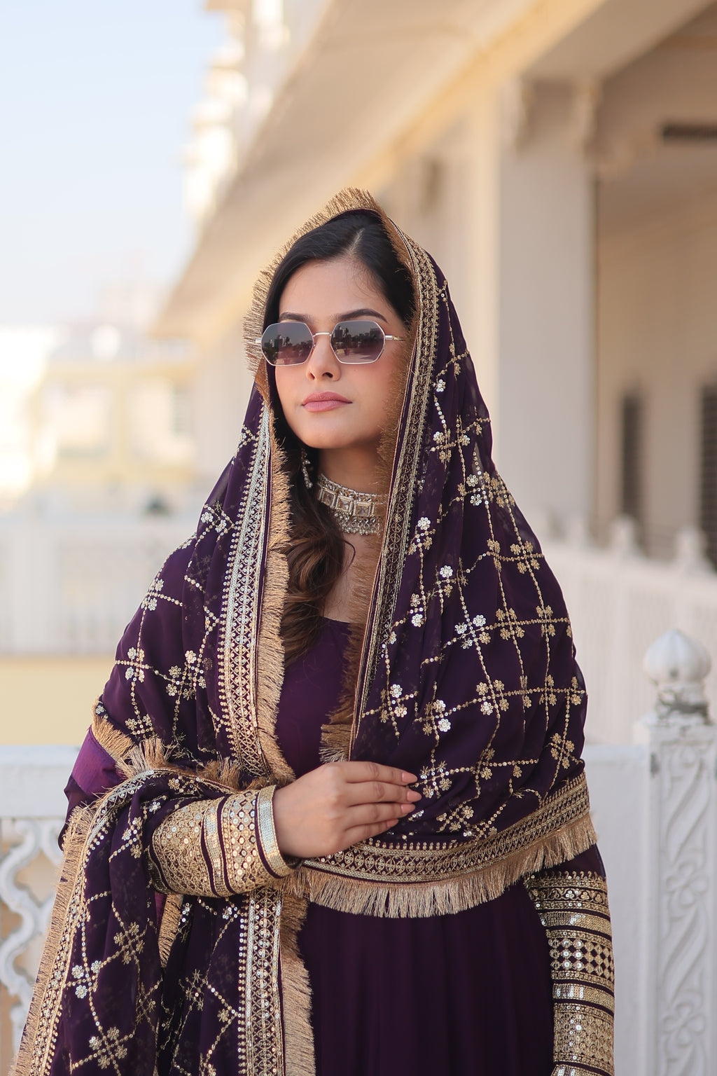 Women’s Wine Faux Blooming Gown with Dupatta – Embroidered Sequins & Lace Border
