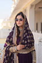 Women’s Wine Faux Blooming Gown with Dupatta – Embroidered Sequins & Lace Border