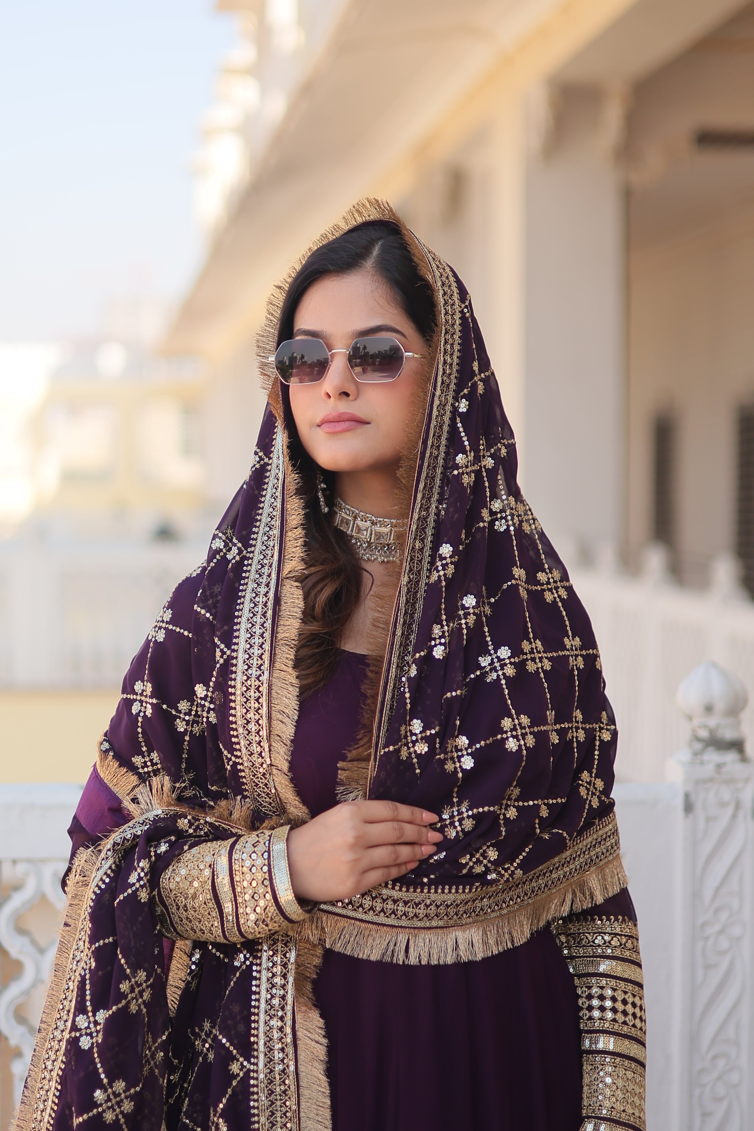 Women’s Wine Faux Blooming Gown with Dupatta – Embroidered Sequins & Lace Border