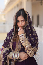 Women’s Wine Faux Blooming Gown with Dupatta – Embroidered Sequins & Lace Border