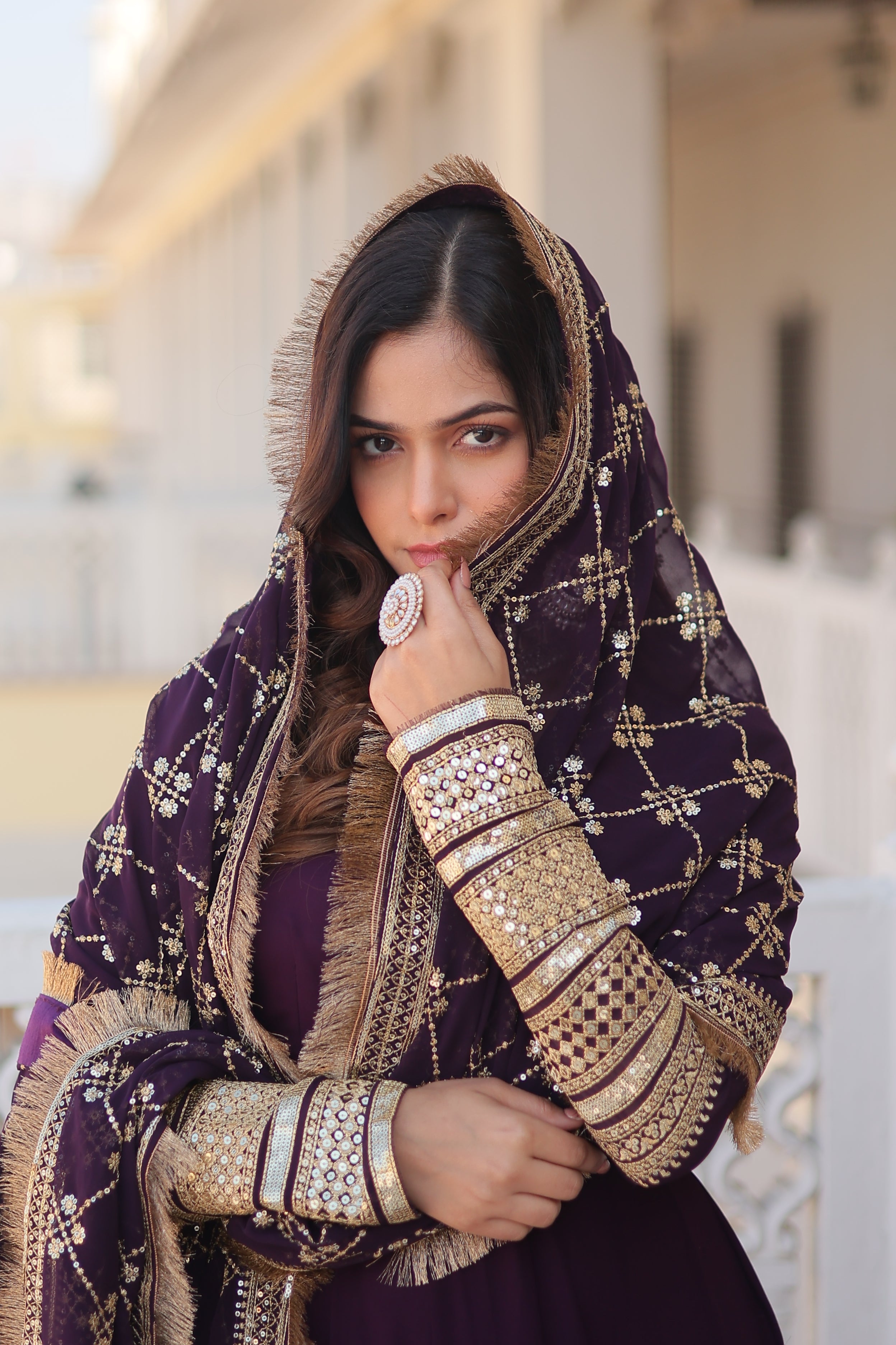 Women’s Wine Faux Blooming Gown with Dupatta – Embroidered Sequins & Lace Border
