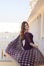 Women’s Wine Faux Blooming Gown with Dupatta – Embroidered Sequins & Lace Border