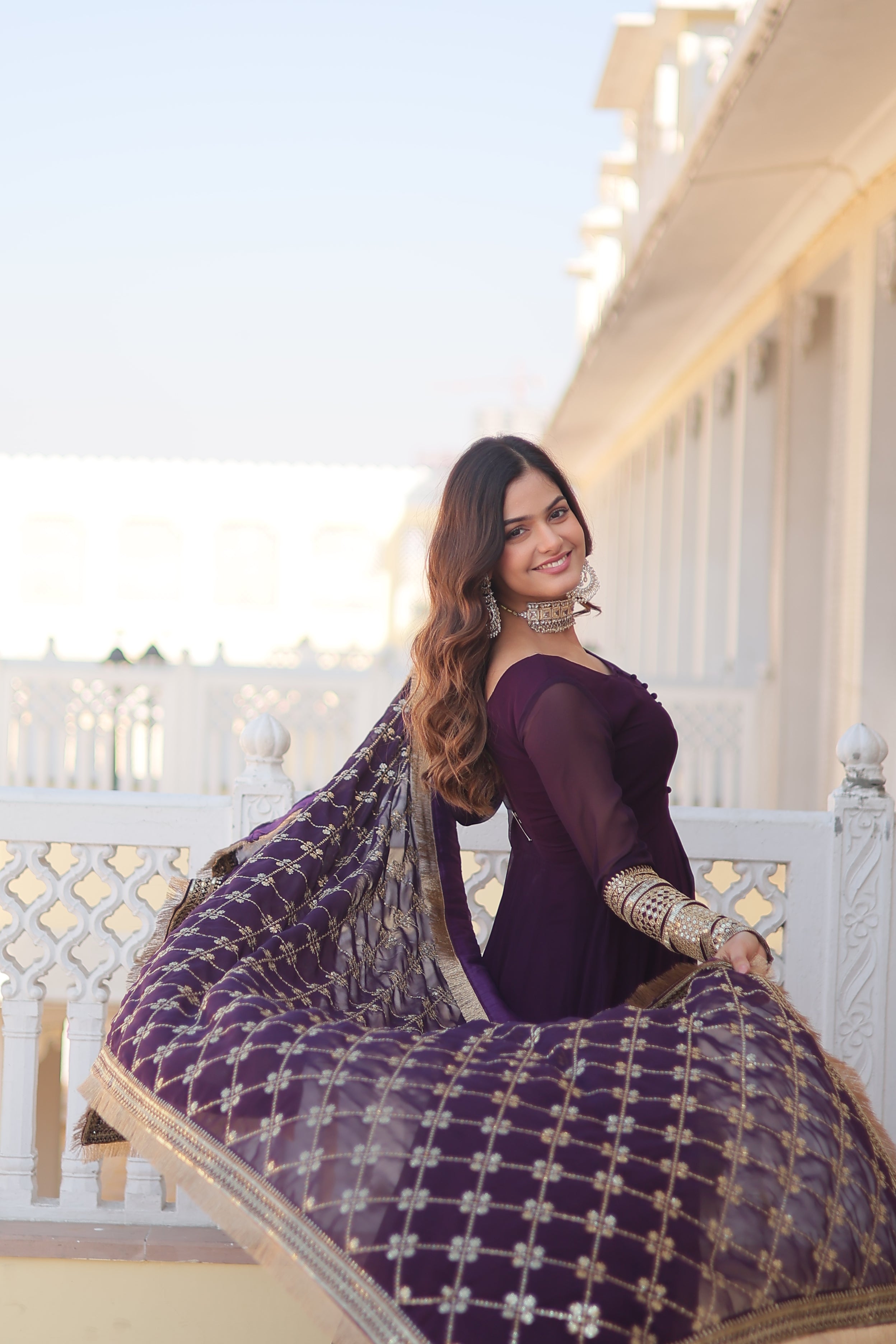 Women’s Wine Faux Blooming Gown with Dupatta – Embroidered Sequins & Lace Border