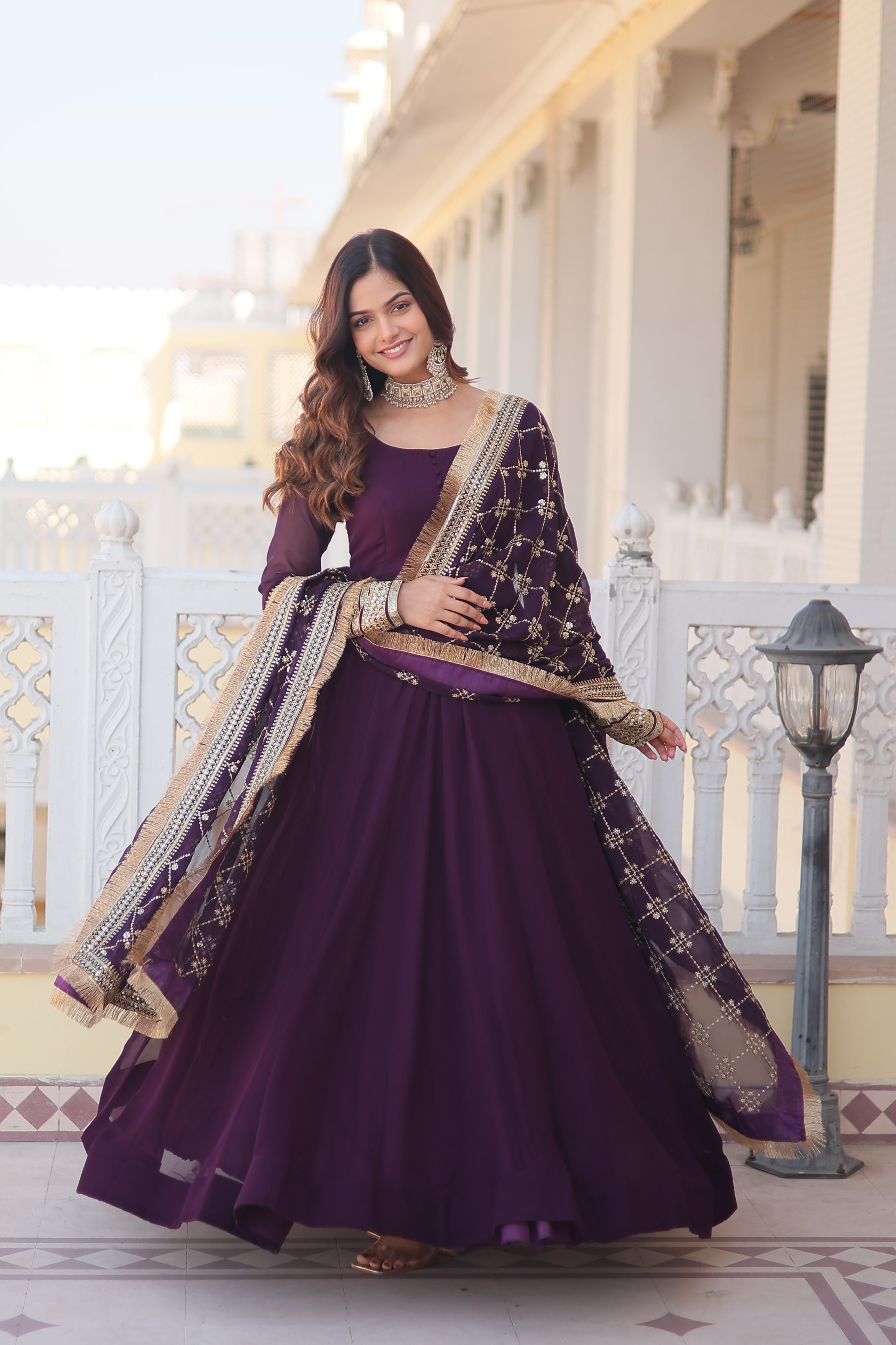 Women’s Wine Faux Blooming Gown with Dupatta – Embroidered Sequins & Lace Border