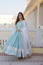Women’s Sky Blue Designer Gown – Luxury Thread & Sequins Embroidery