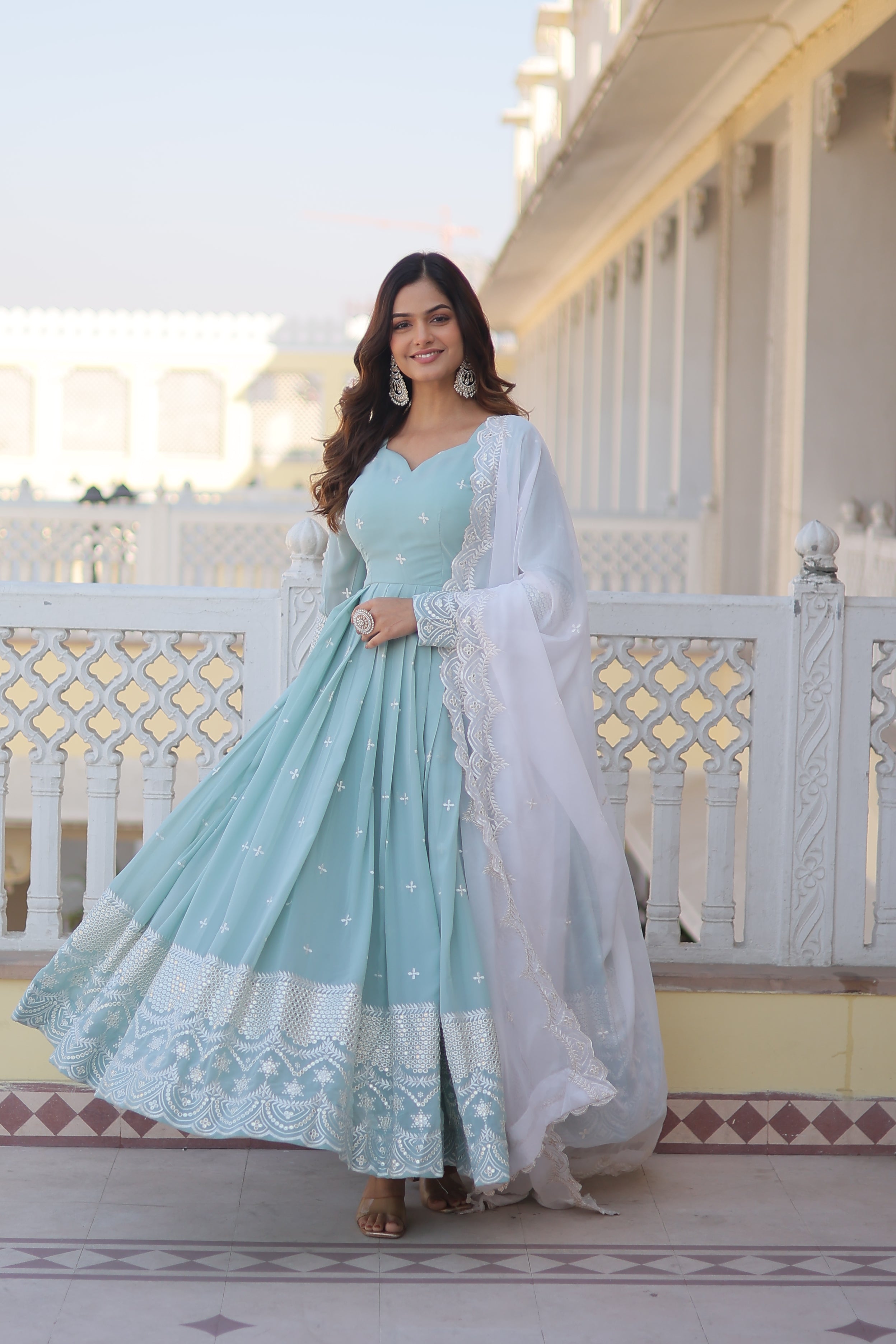 Women’s Sky Blue Designer Gown – Luxury Thread & Sequins Embroidery