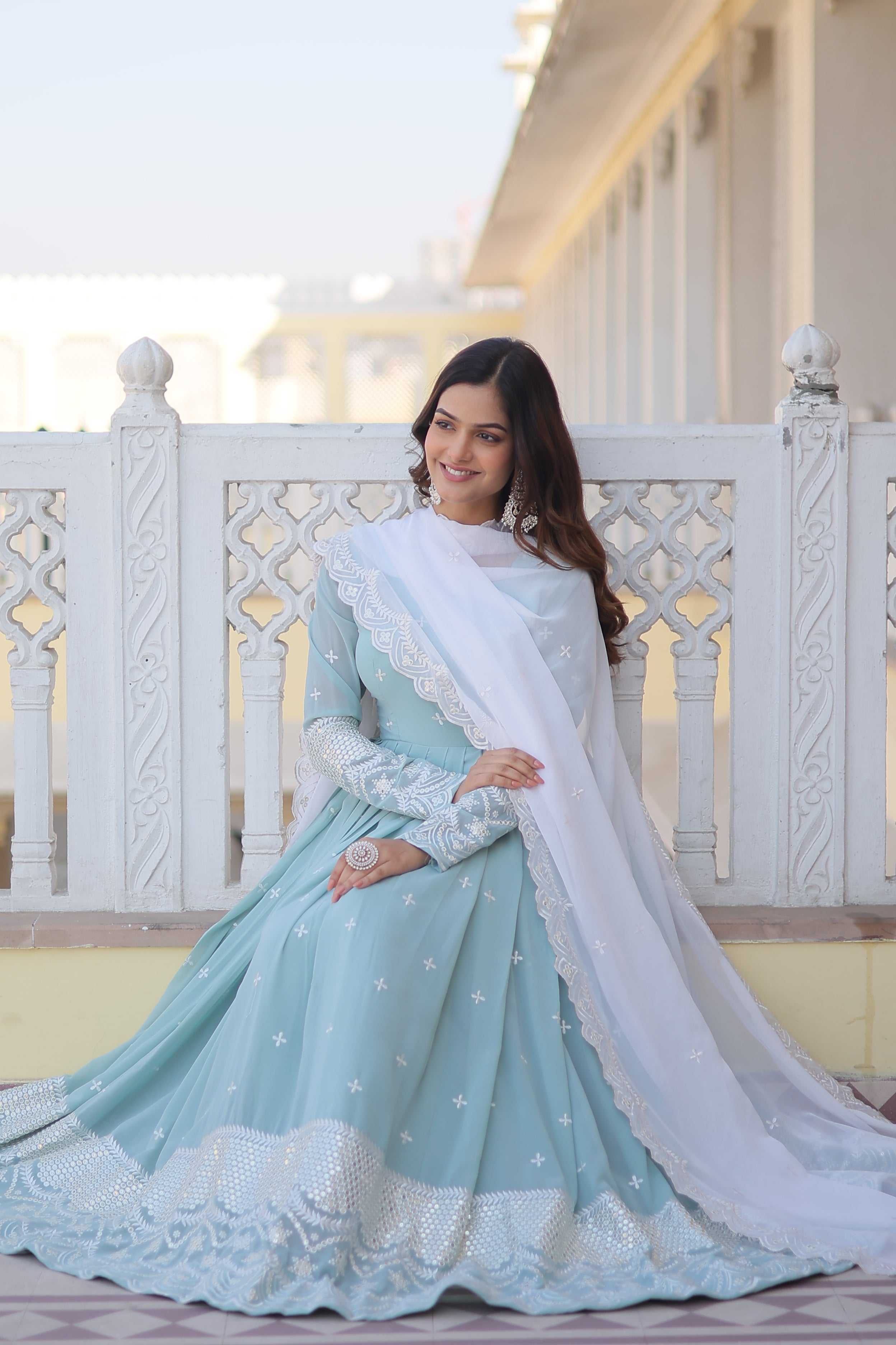 Women’s Sky Blue Designer Gown – Luxury Thread & Sequins Embroidery