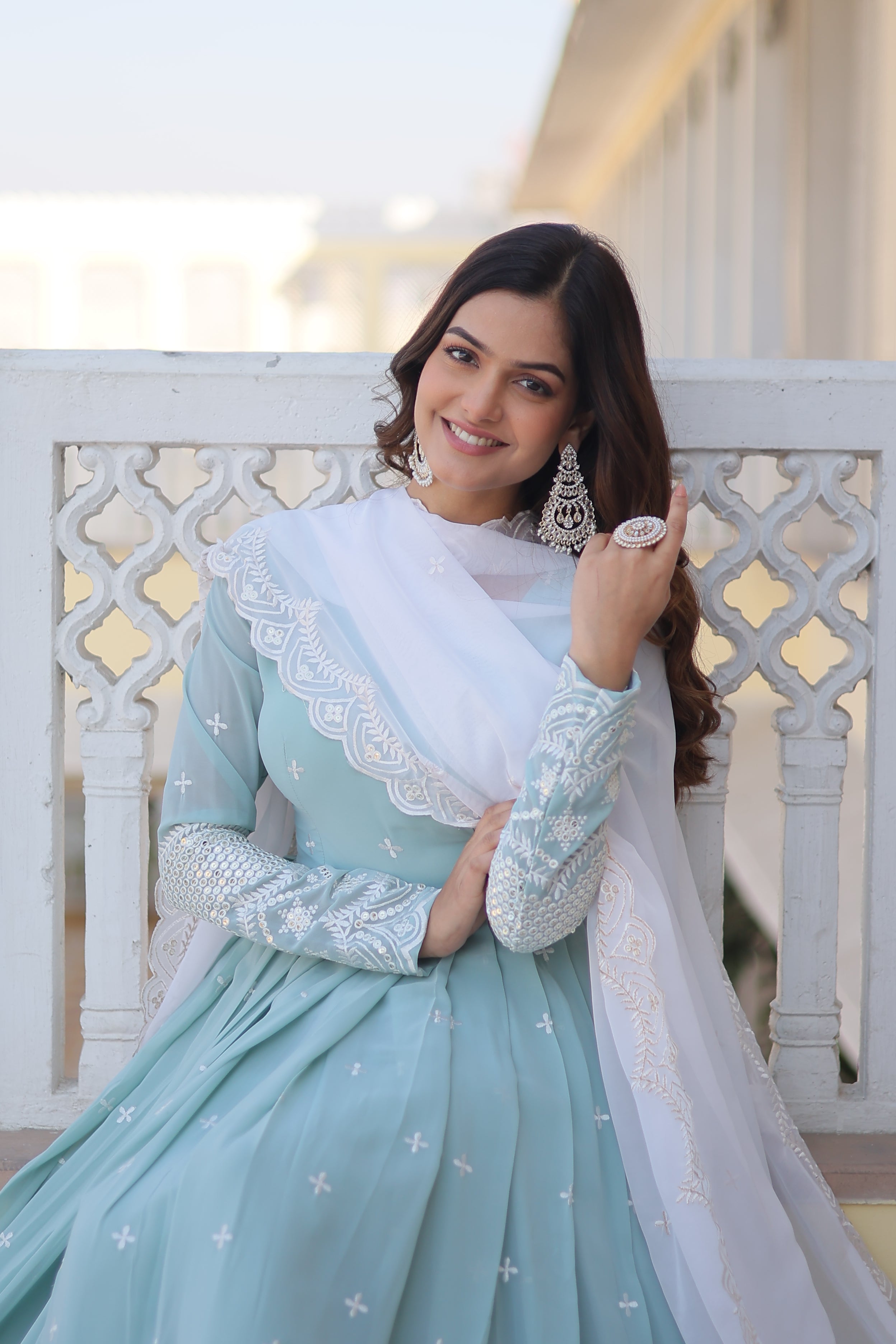 Women’s Sky Blue Designer Gown – Luxury Thread & Sequins Embroidery