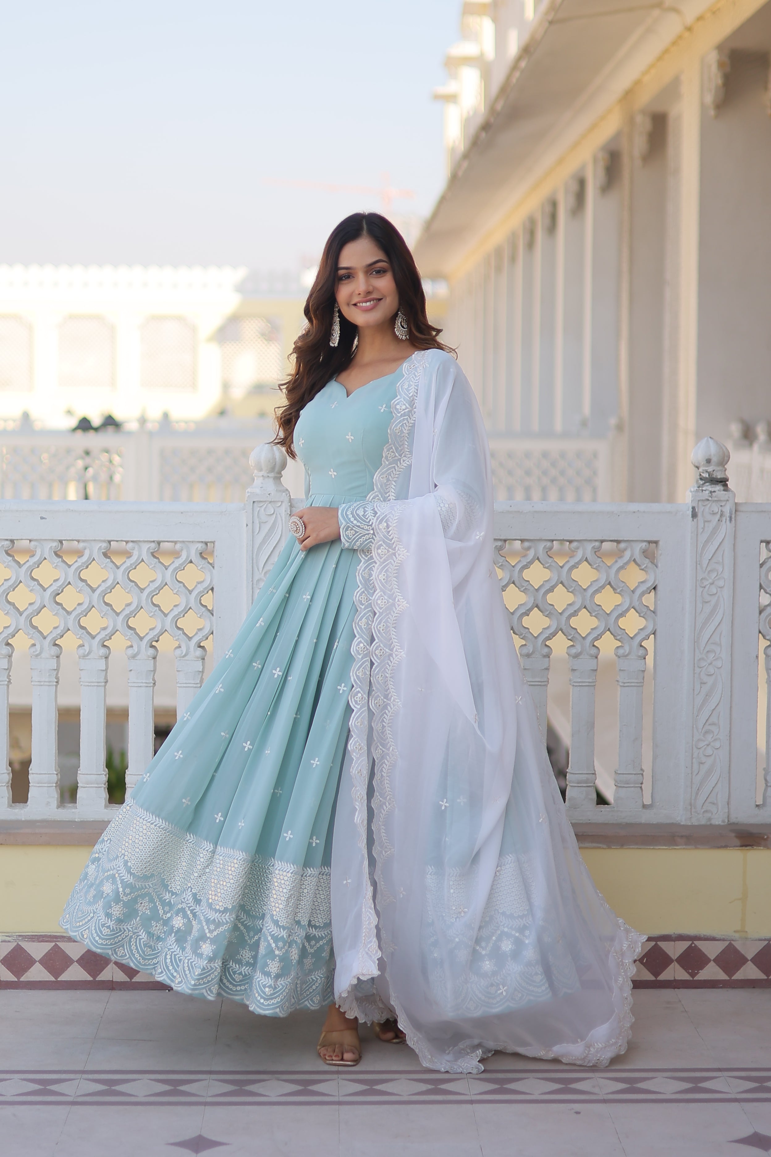 Women’s Sky Blue Designer Gown – Luxury Thread & Sequins Embroidery