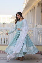 Women’s Sky Blue Designer Gown – Luxury Thread & Sequins Embroidery
