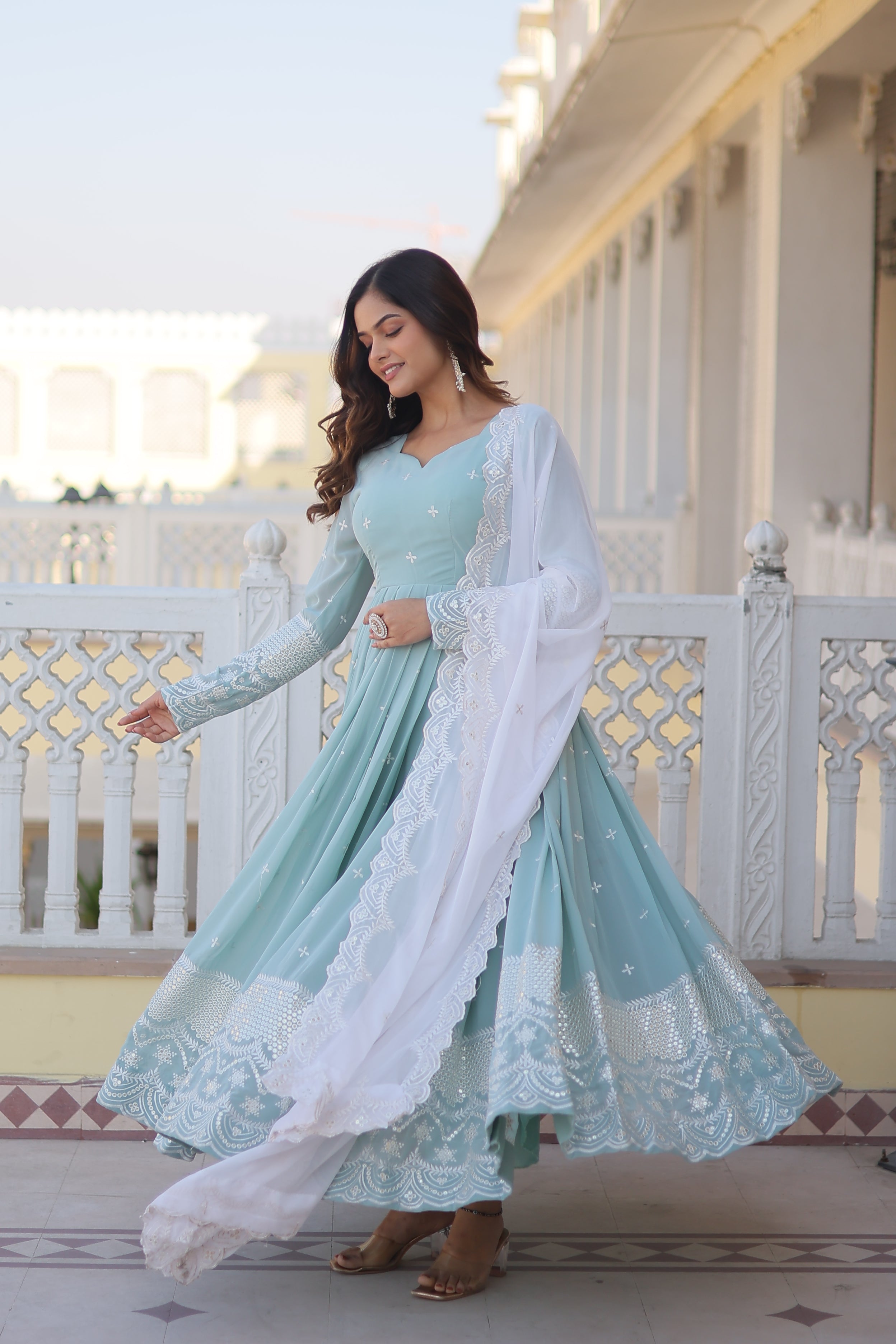 Women’s Sky Blue Designer Gown – Luxury Thread & Sequins Embroidery