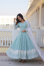 Women’s Sky Blue Designer Gown – Luxury Thread & Sequins Embroidery