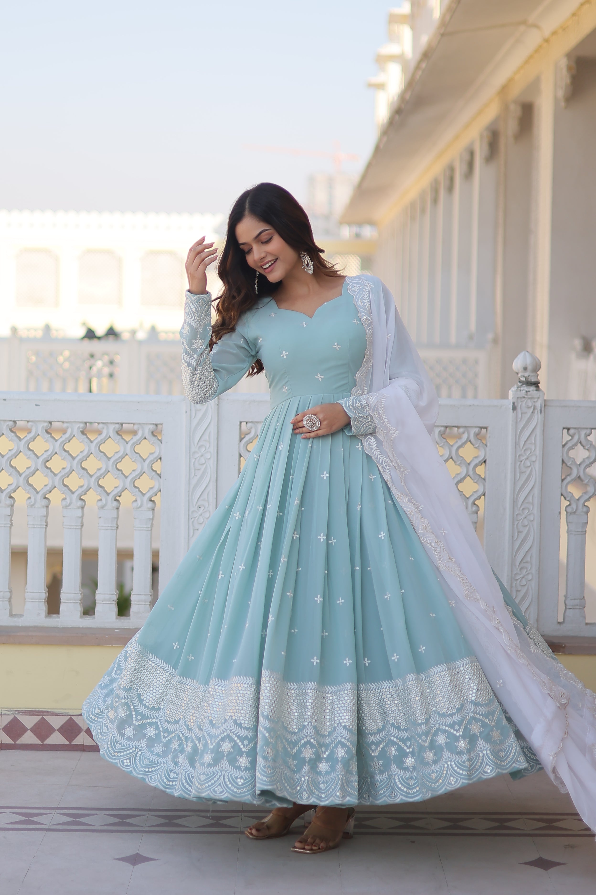 Women’s Sky Blue Designer Gown – Luxury Thread & Sequins Embroidery