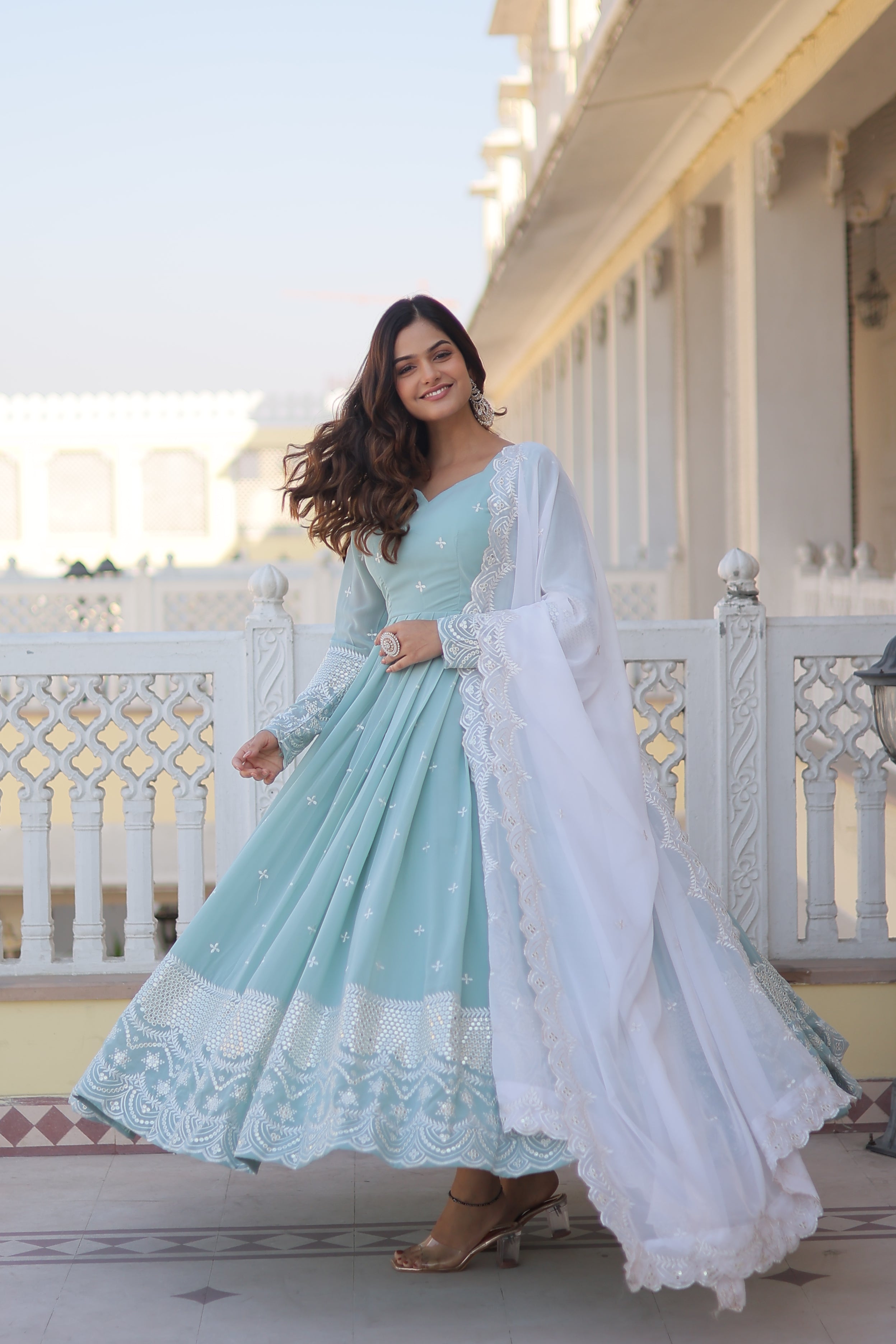 Women’s Sky Blue Designer Gown – Luxury Thread & Sequins Embroidery