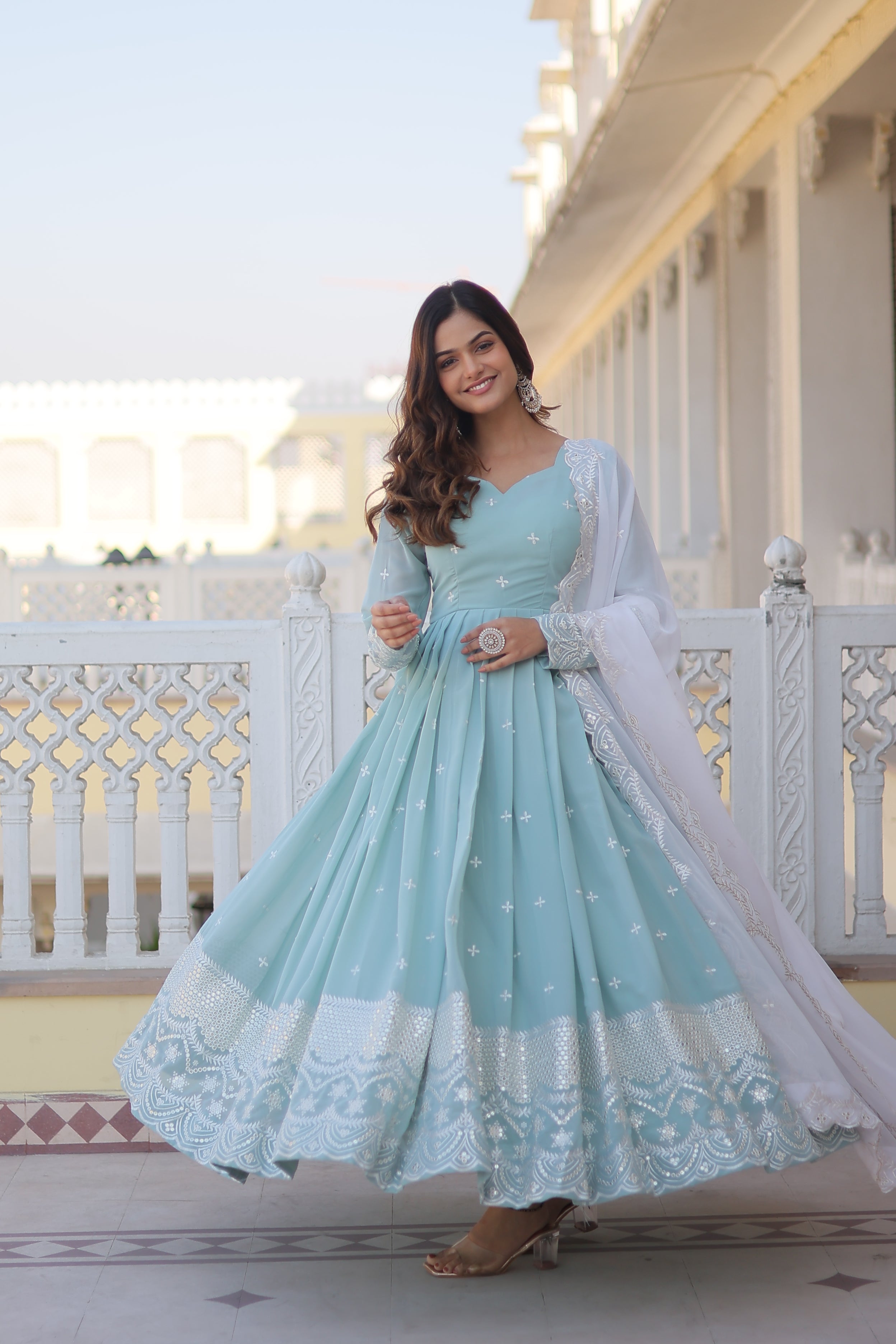 Women’s Sky Blue Designer Gown – Luxury Thread & Sequins Embroidery