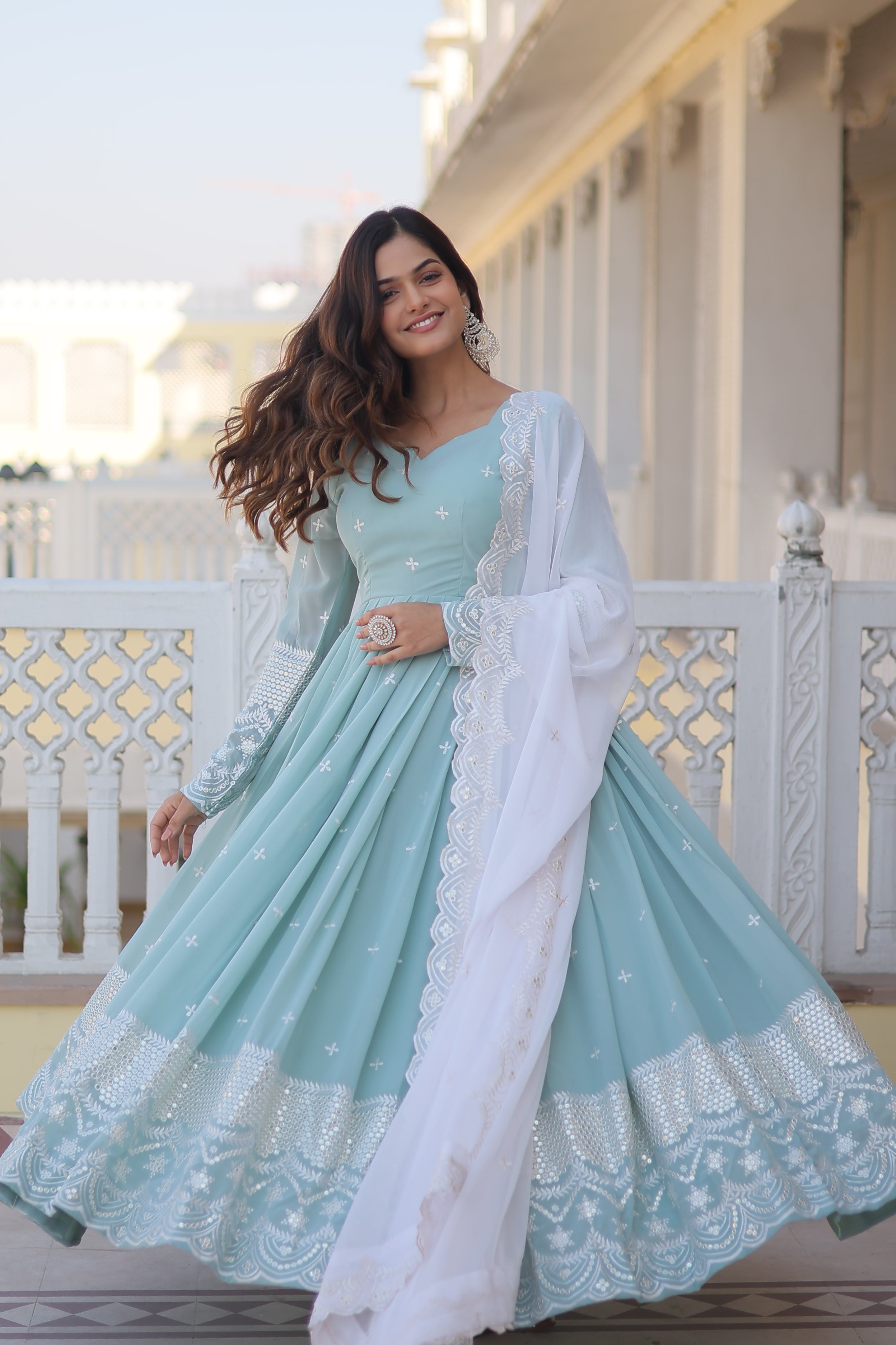 Women’s Sky Blue Designer Gown – Luxury Thread & Sequins Embroidery
