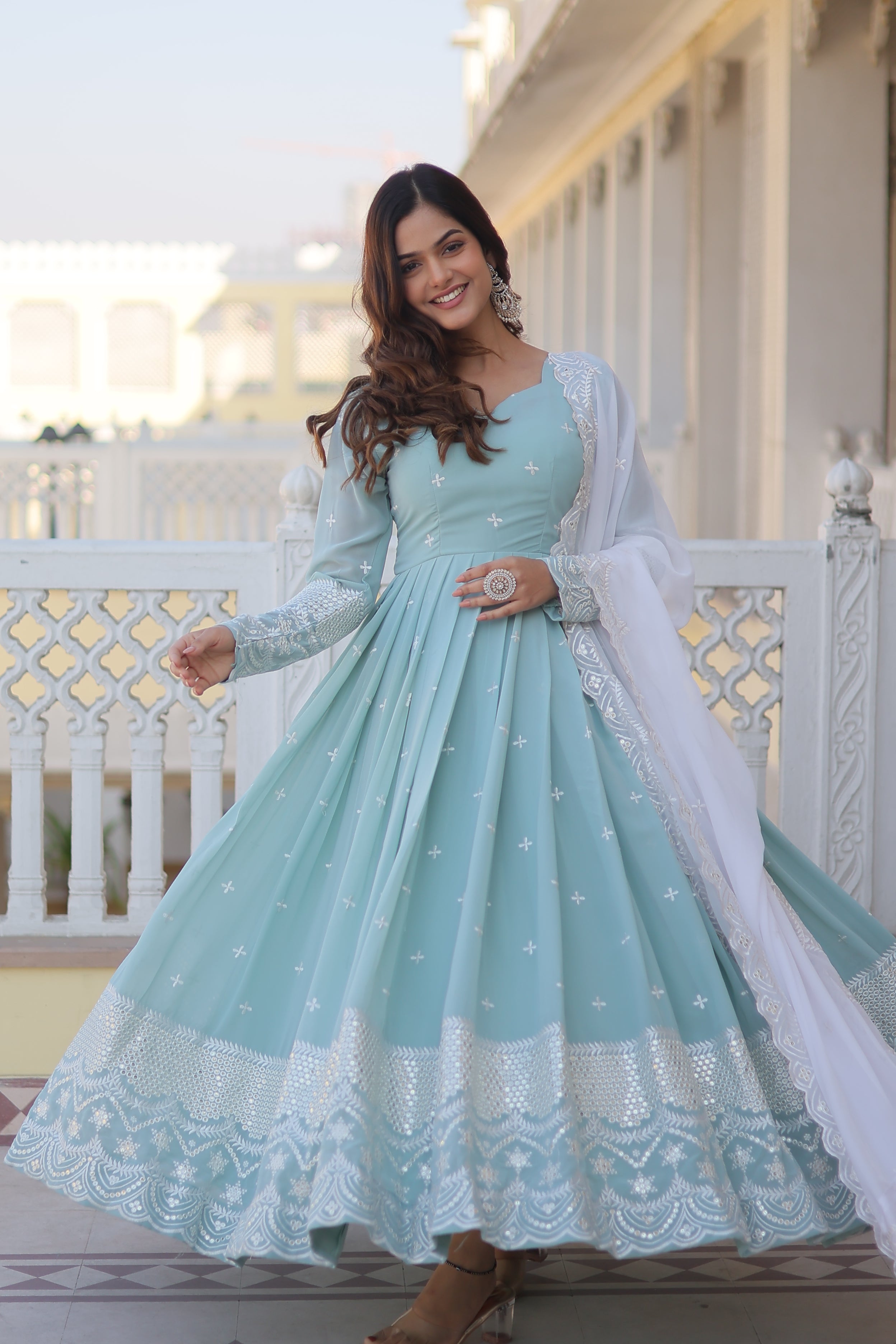 Women’s Sky Blue Designer Gown – Luxury Thread & Sequins Embroidery