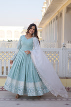 Women’s Sky Blue Designer Gown – Luxury Thread & Sequins Embroidery