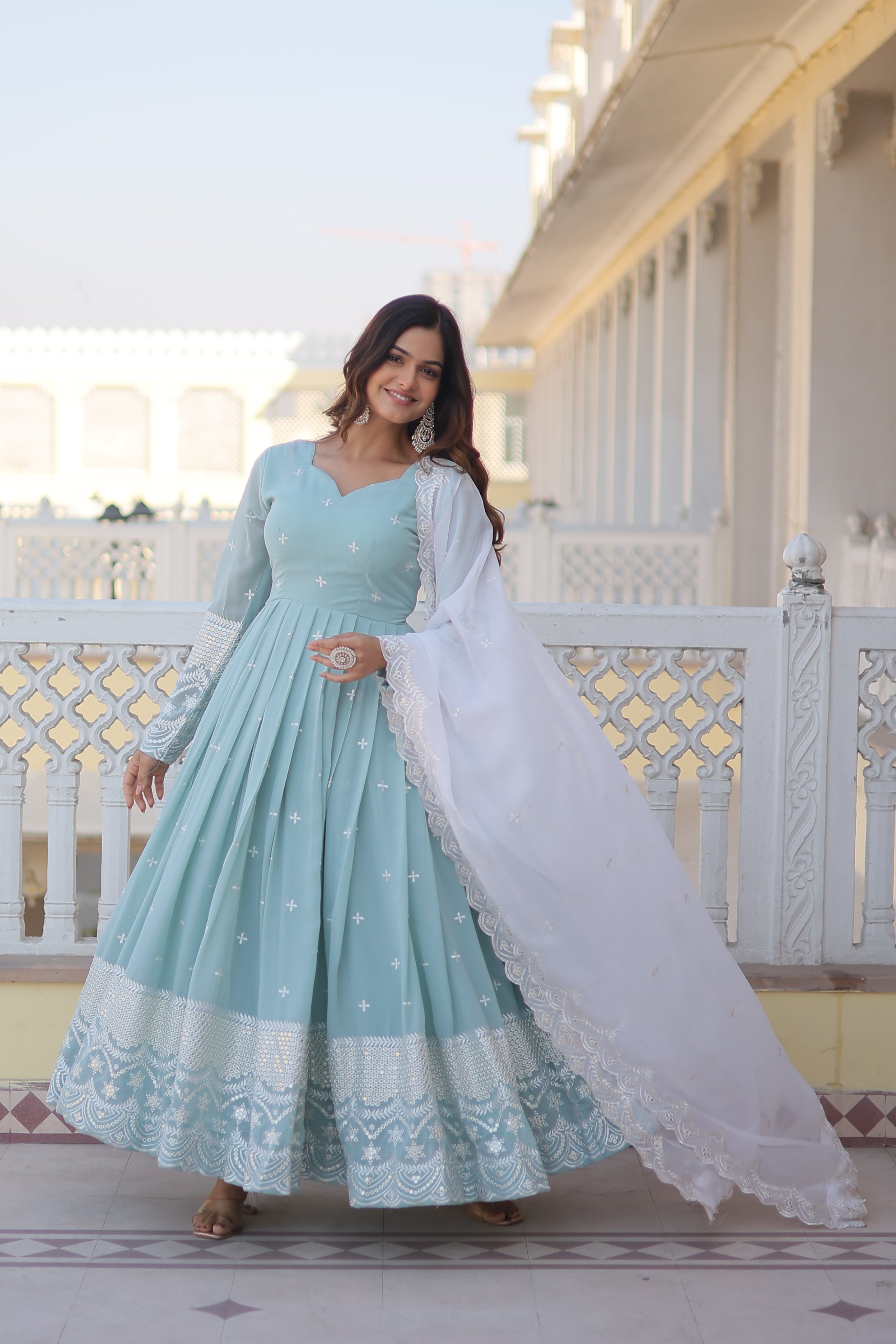 Women’s Sky Blue Designer Gown – Luxury Thread & Sequins Embroidery