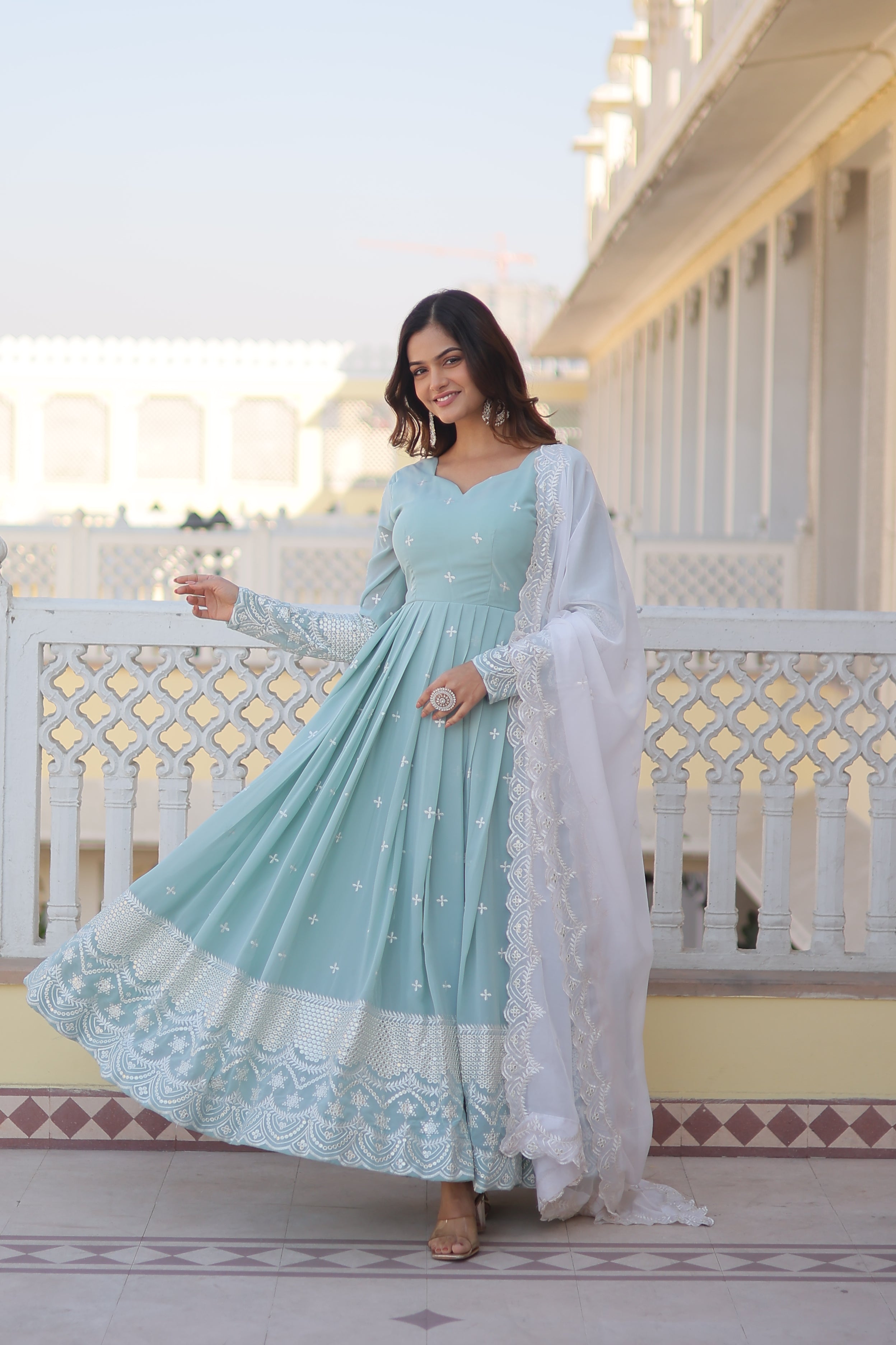 Women’s Sky Blue Designer Gown – Luxury Thread & Sequins Embroidery