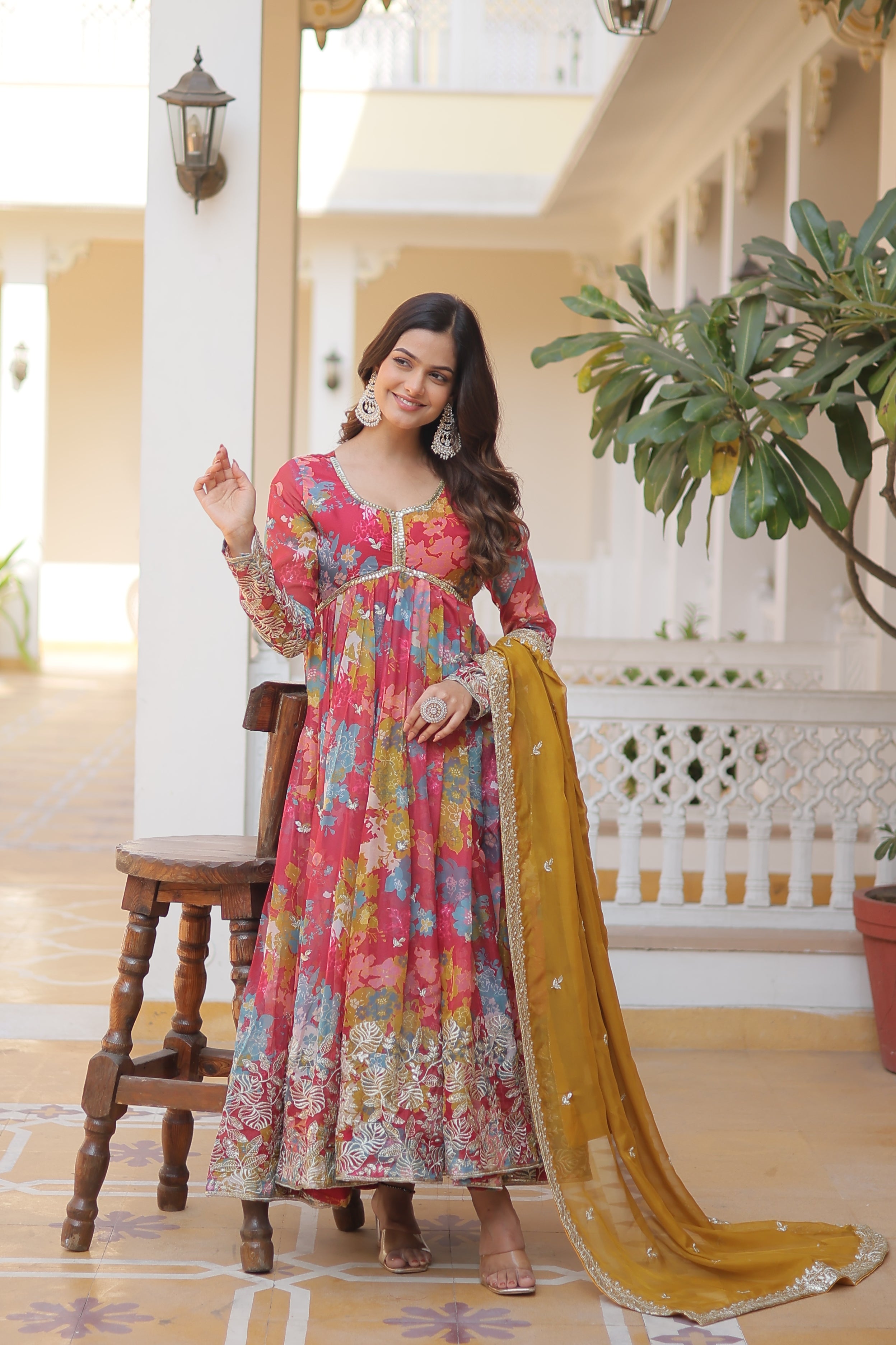 Women’s Red Silk Gown – Elegant Designer Wear with Embroidered Detailing