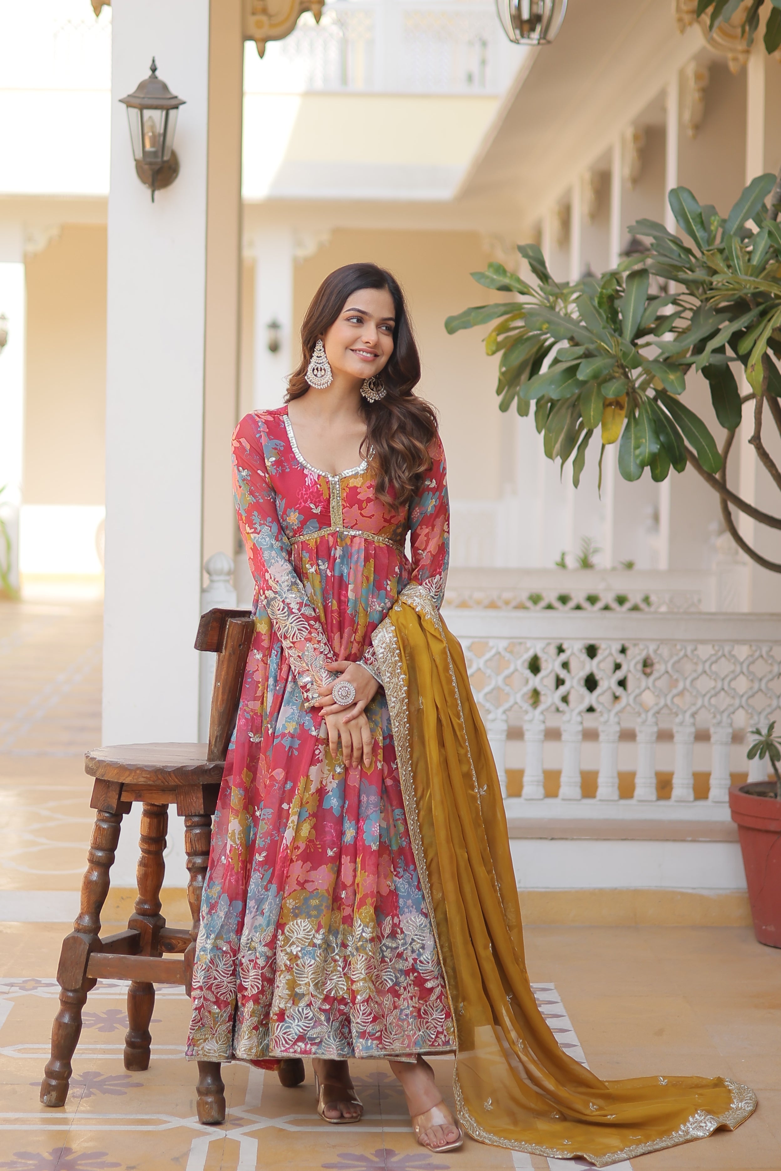 Women’s Red Silk Gown – Elegant Designer Wear with Embroidered Detailing