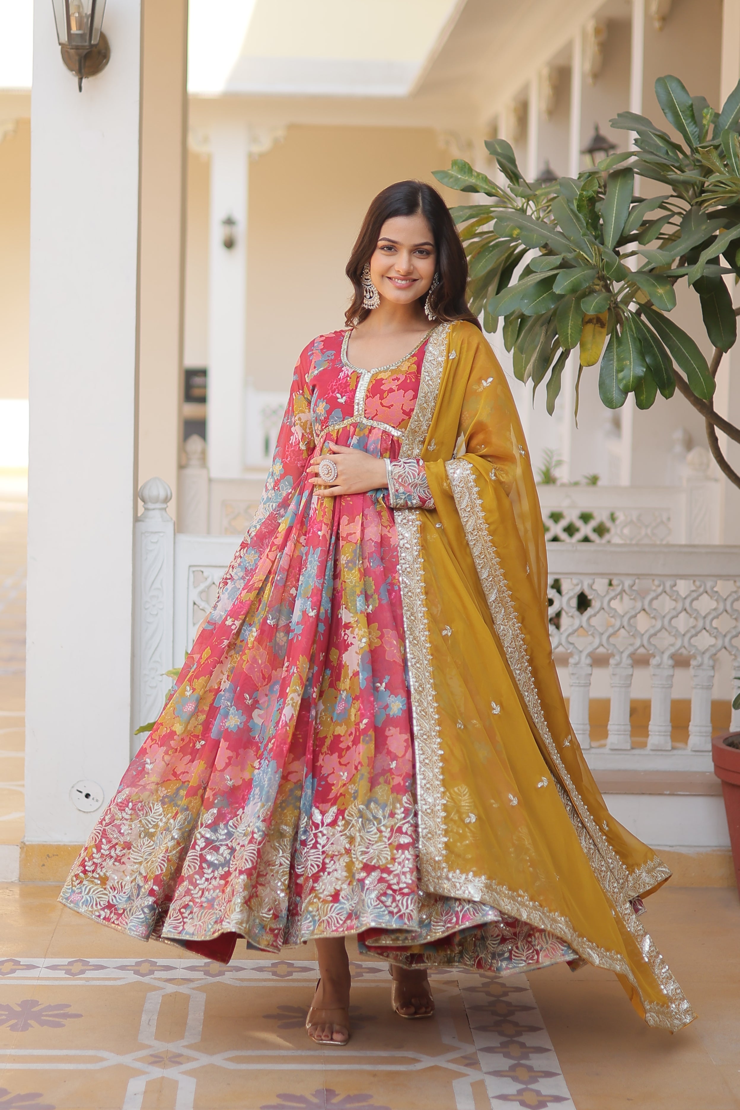 Women’s Red Silk Gown – Elegant Designer Wear with Embroidered Detailing