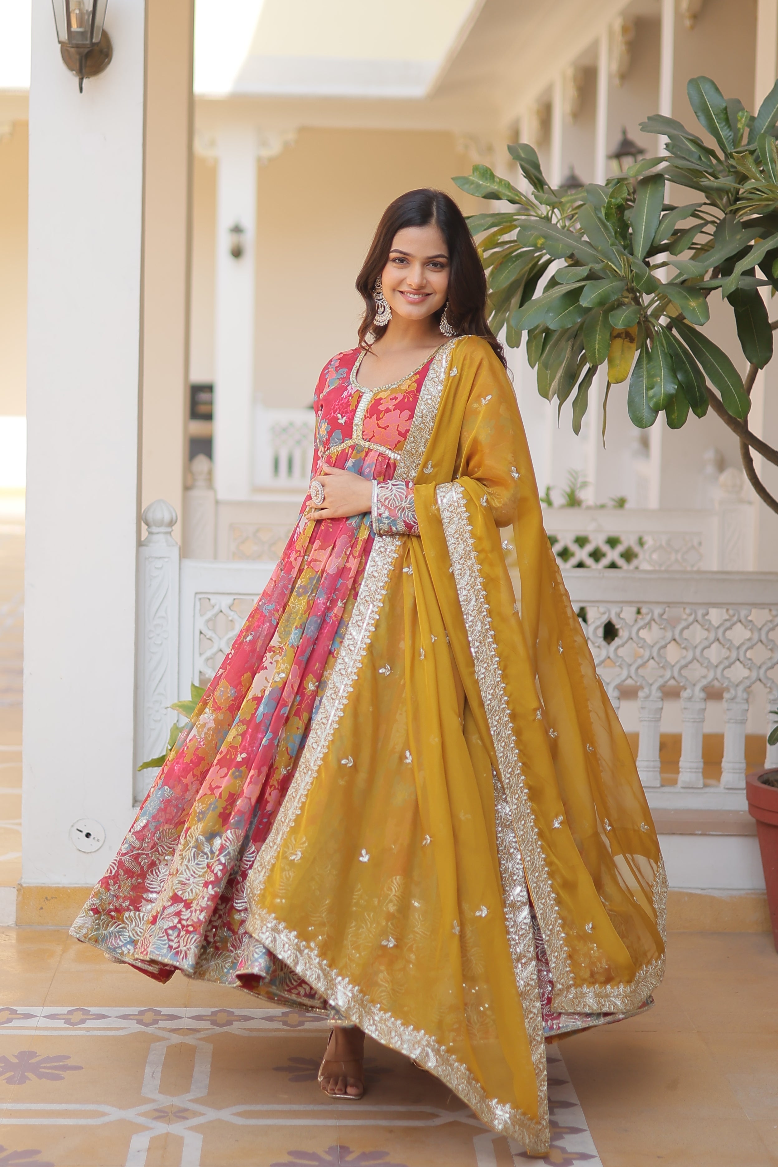 Women’s Red Silk Gown – Elegant Designer Wear with Embroidered Detailing