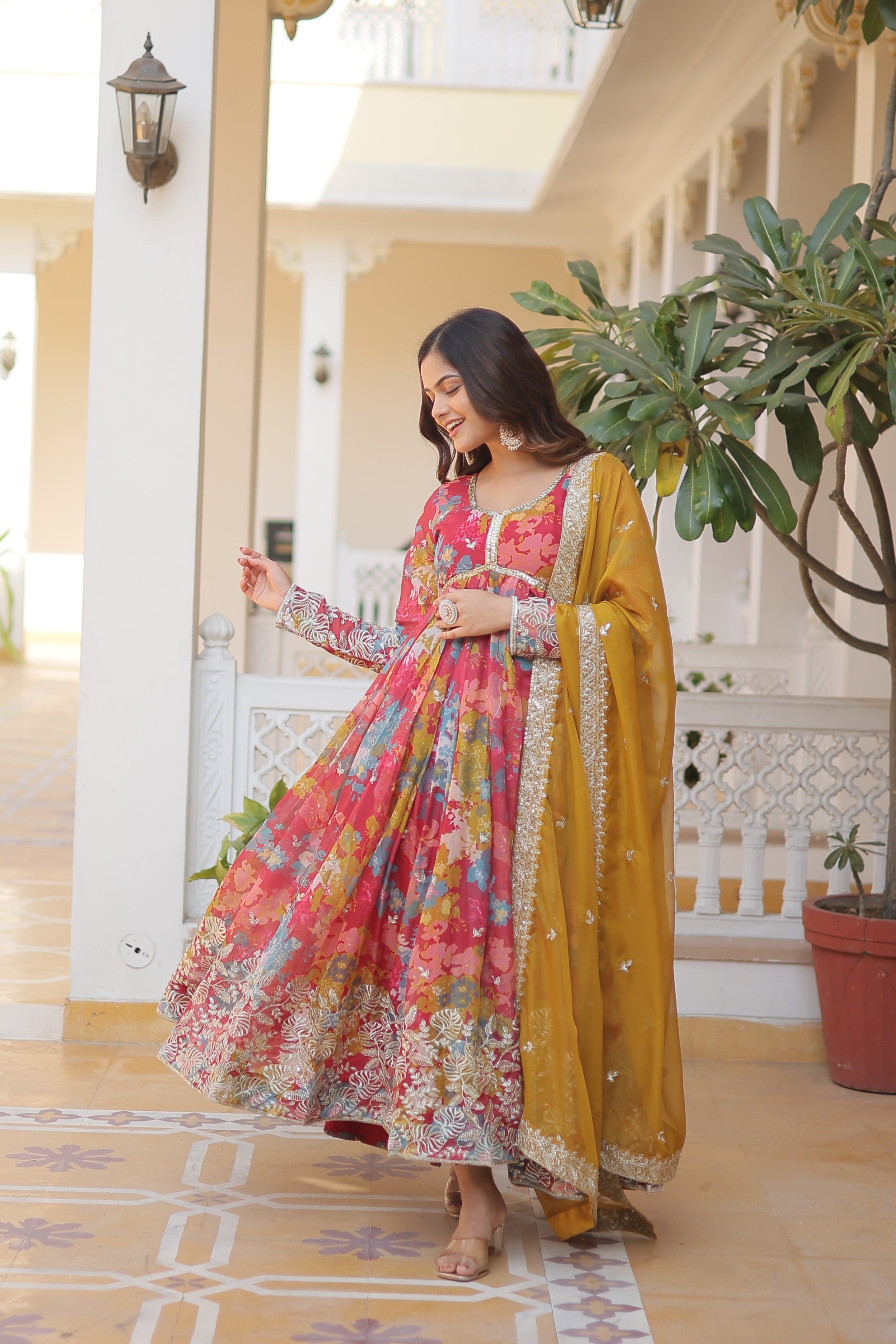 Women’s Red Silk Gown – Elegant Designer Wear with Embroidered Detailing