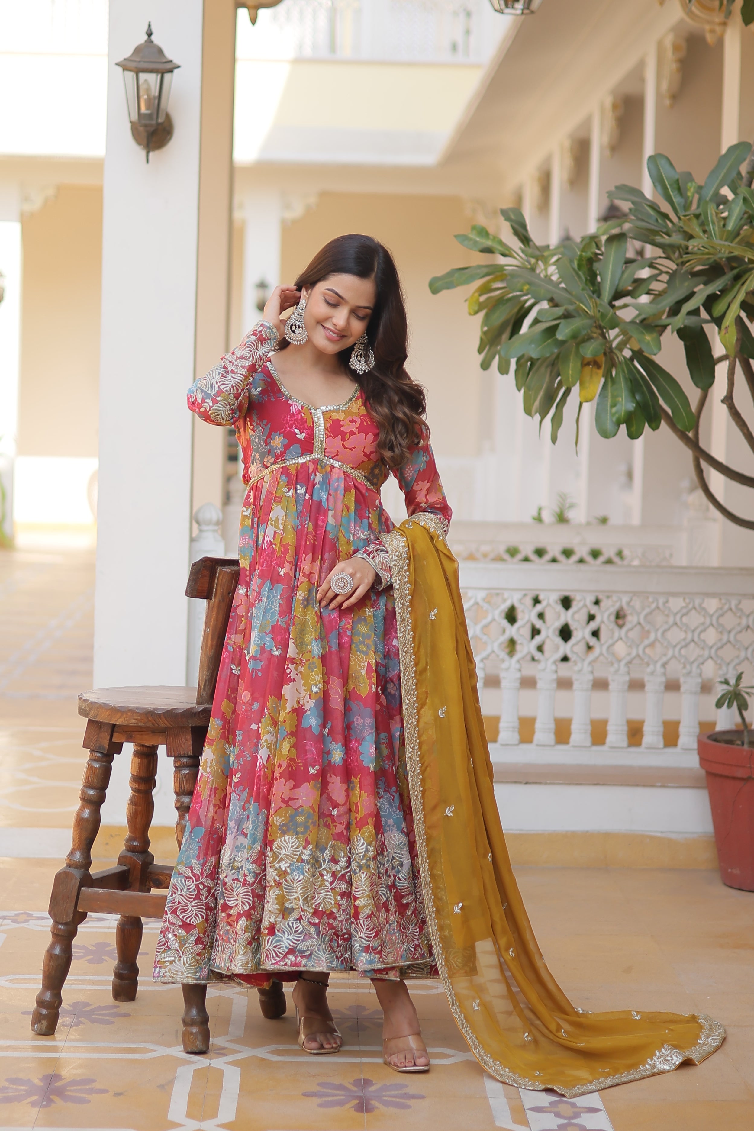 Women’s Red Silk Gown – Elegant Designer Wear with Embroidered Detailing