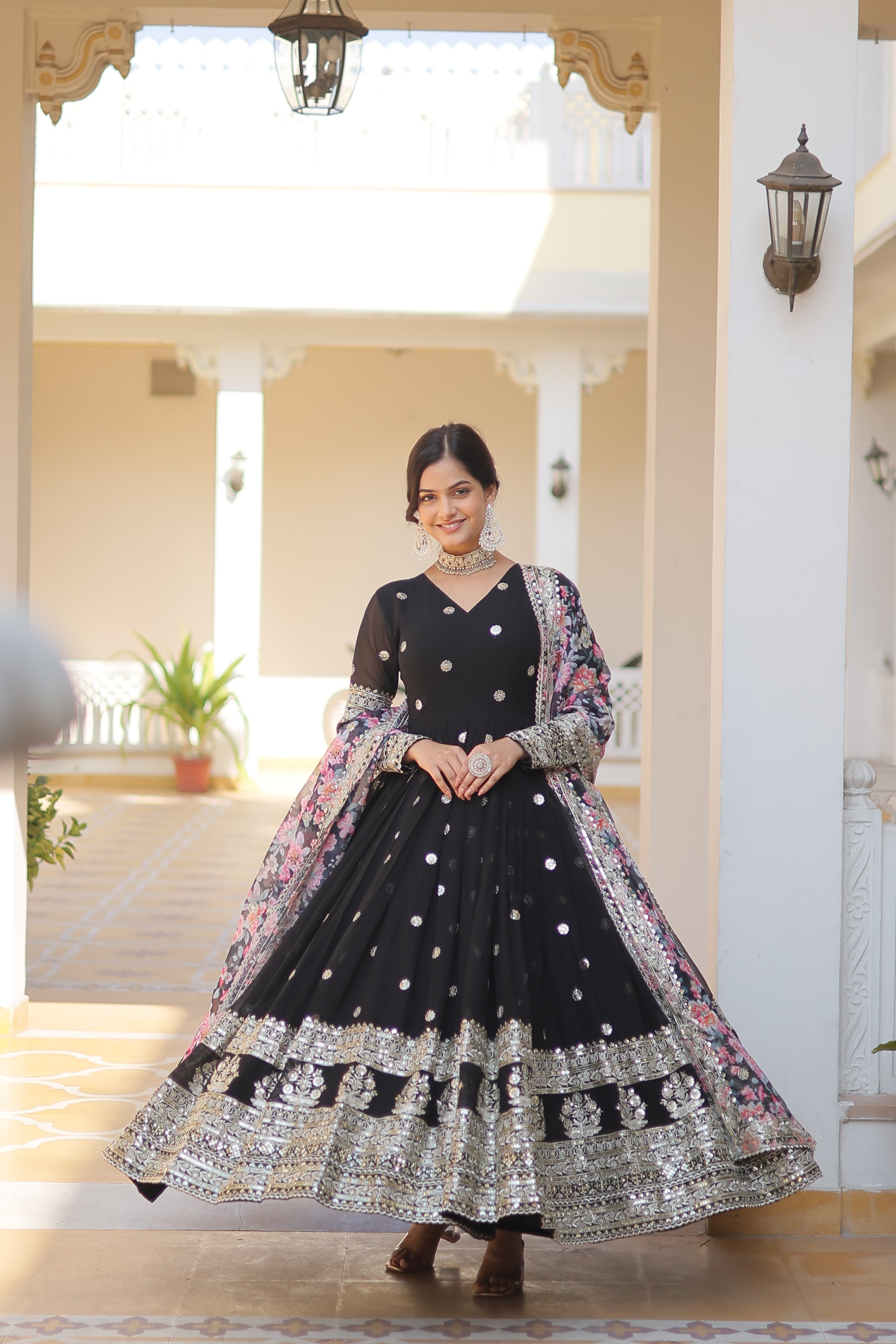 Women’s Black Georgette Gown – Elegant Designer Wear with Embroidered Detailing