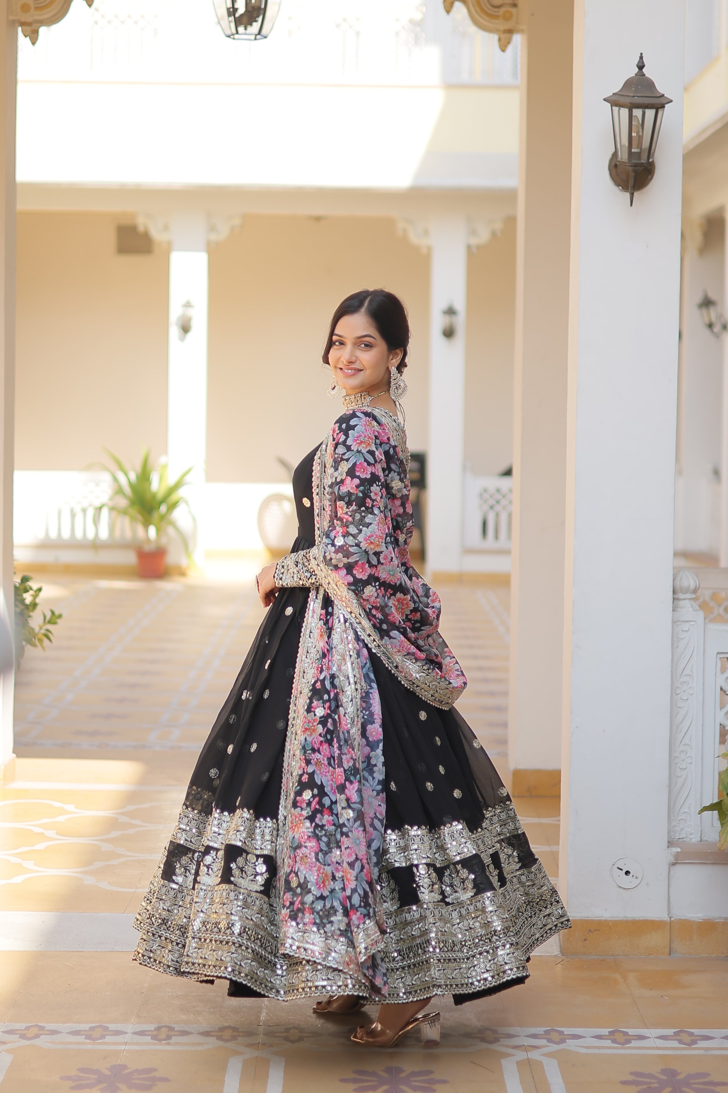 Women’s Black Georgette Gown – Elegant Designer Wear with Embroidered Detailing