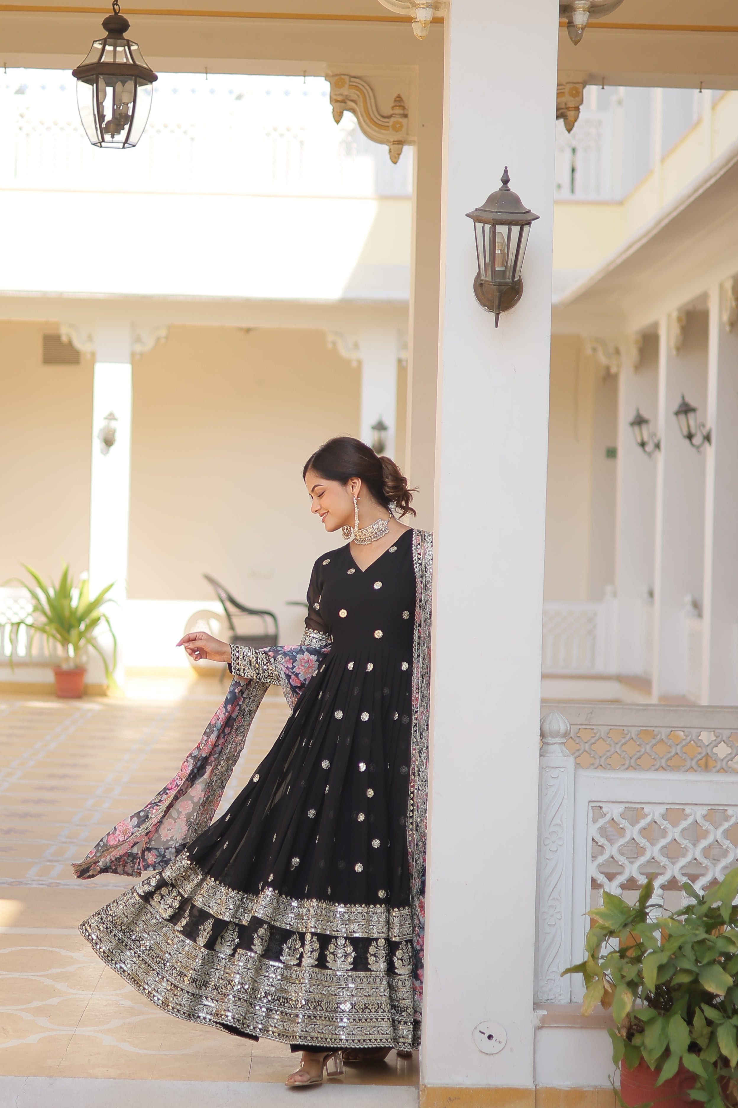 Women’s Black Georgette Gown – Elegant Designer Wear with Embroidered Detailing