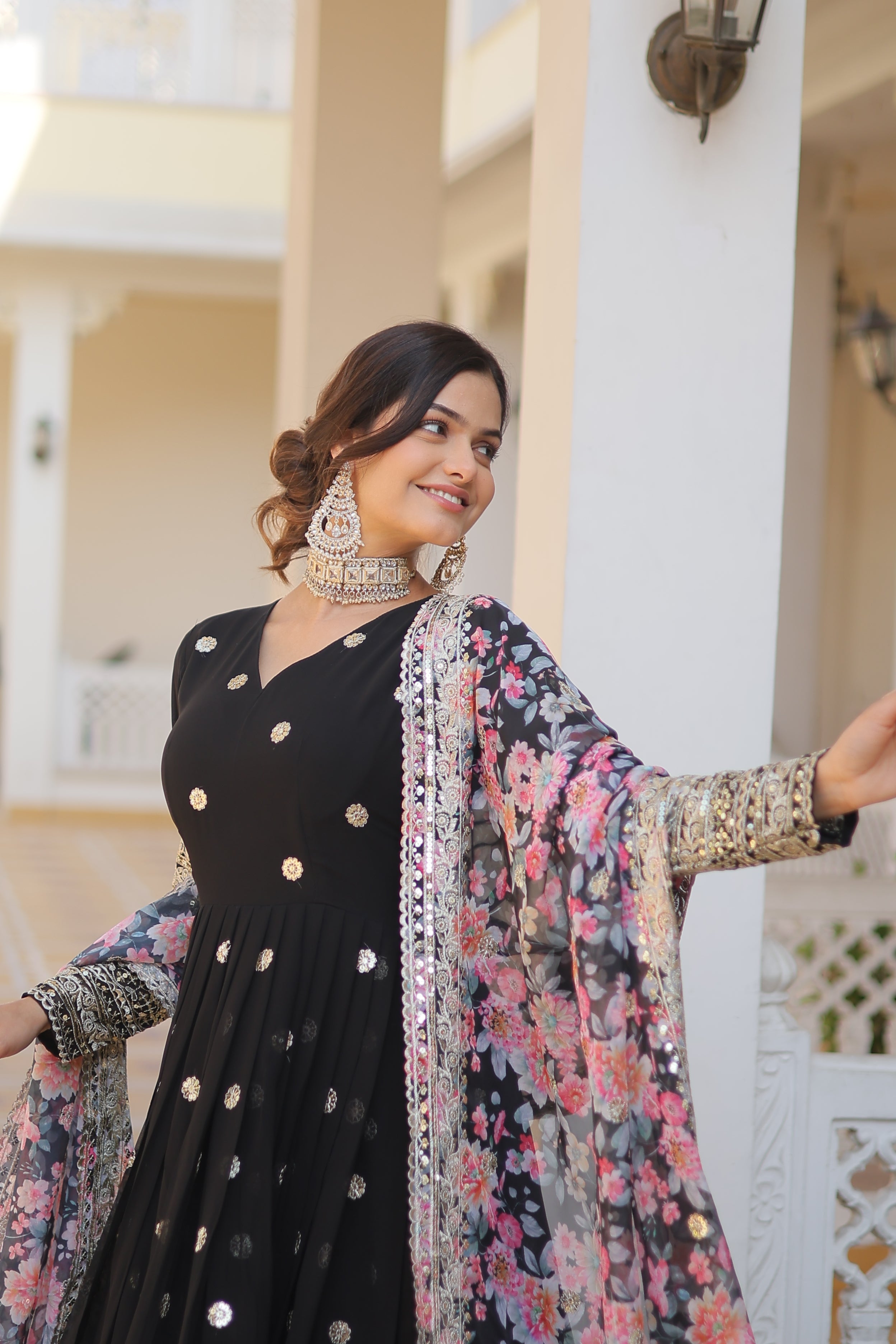 Women’s Black Georgette Gown – Elegant Designer Wear with Embroidered Detailing