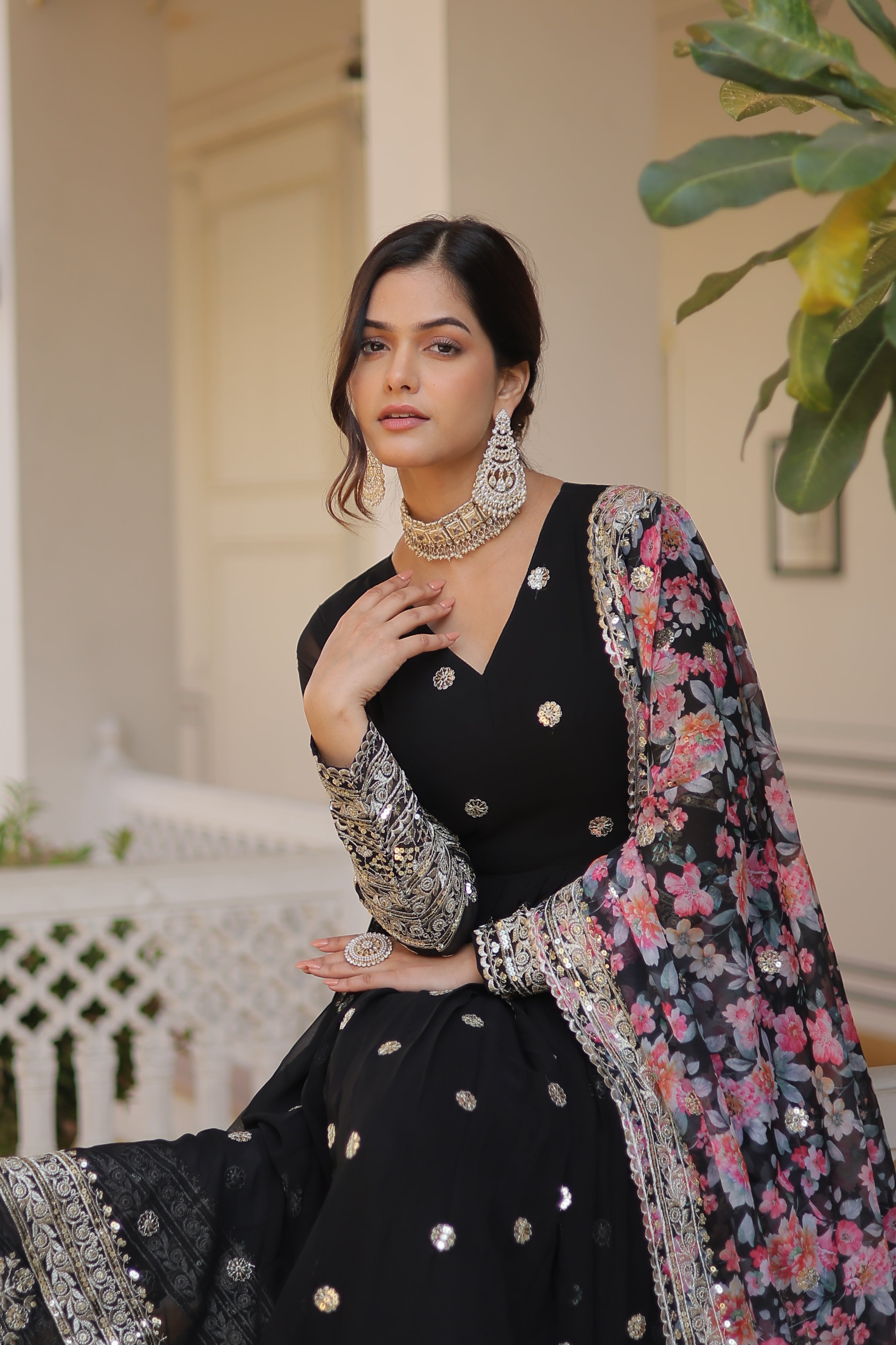 Women’s Black Georgette Gown – Elegant Designer Wear with Embroidered Detailing