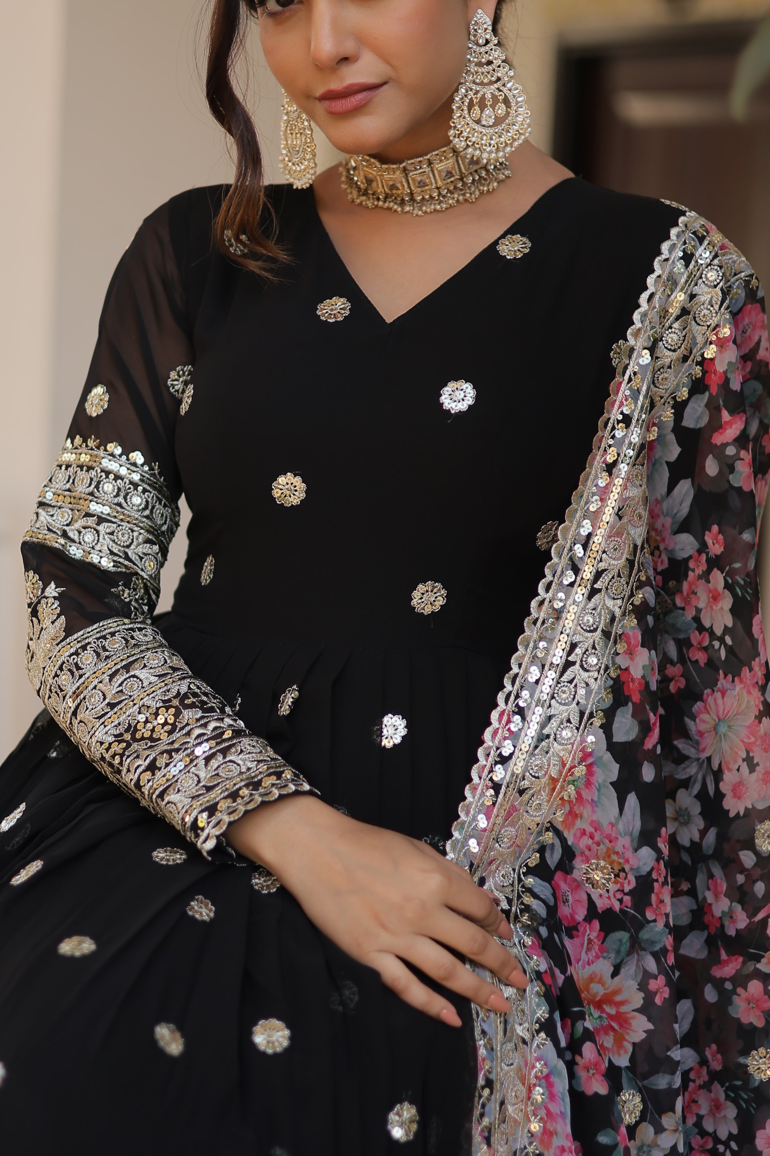 Women’s Black Georgette Gown – Elegant Designer Wear with Embroidered Detailing