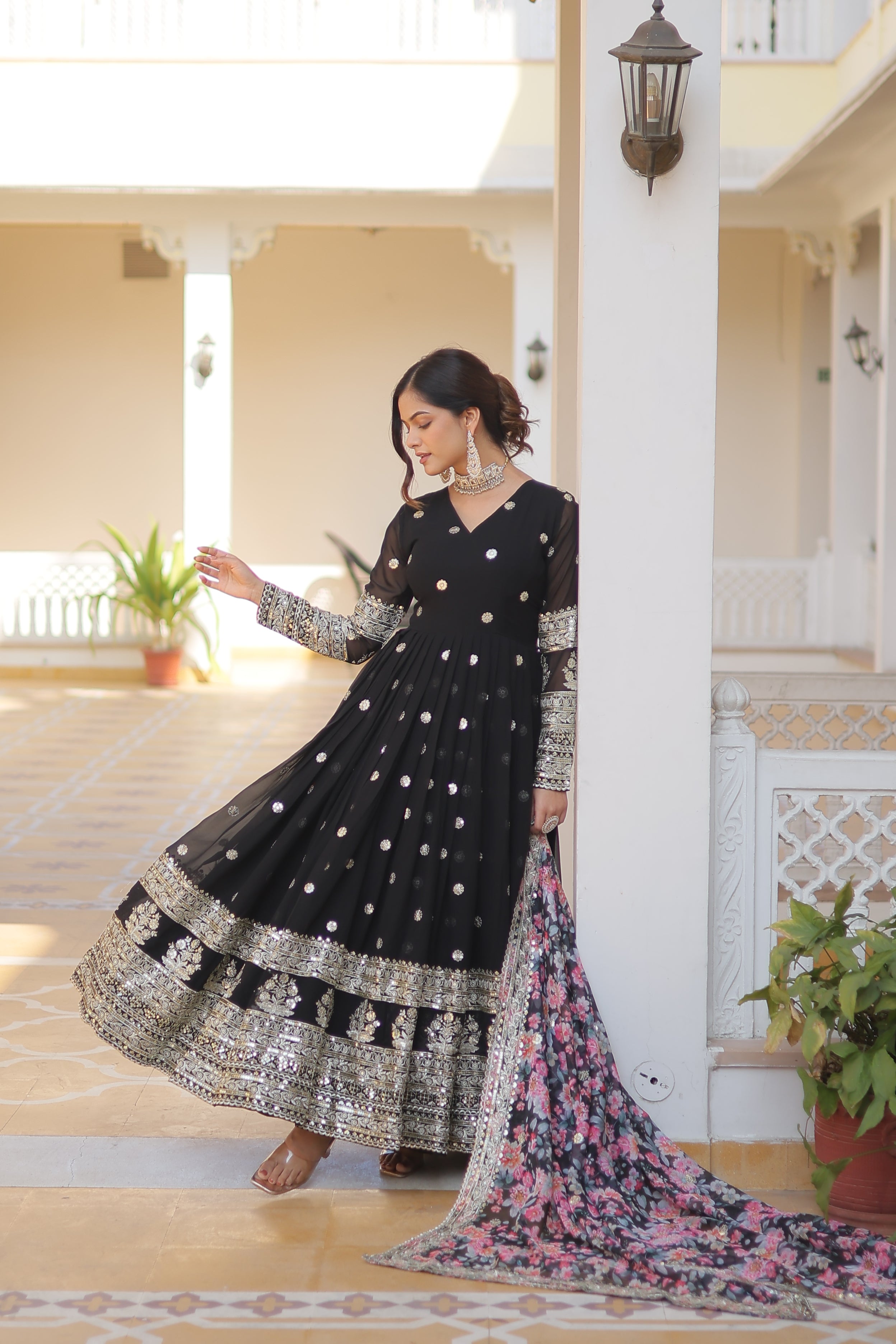 Women’s Black Georgette Gown – Elegant Designer Wear with Embroidered Detailing