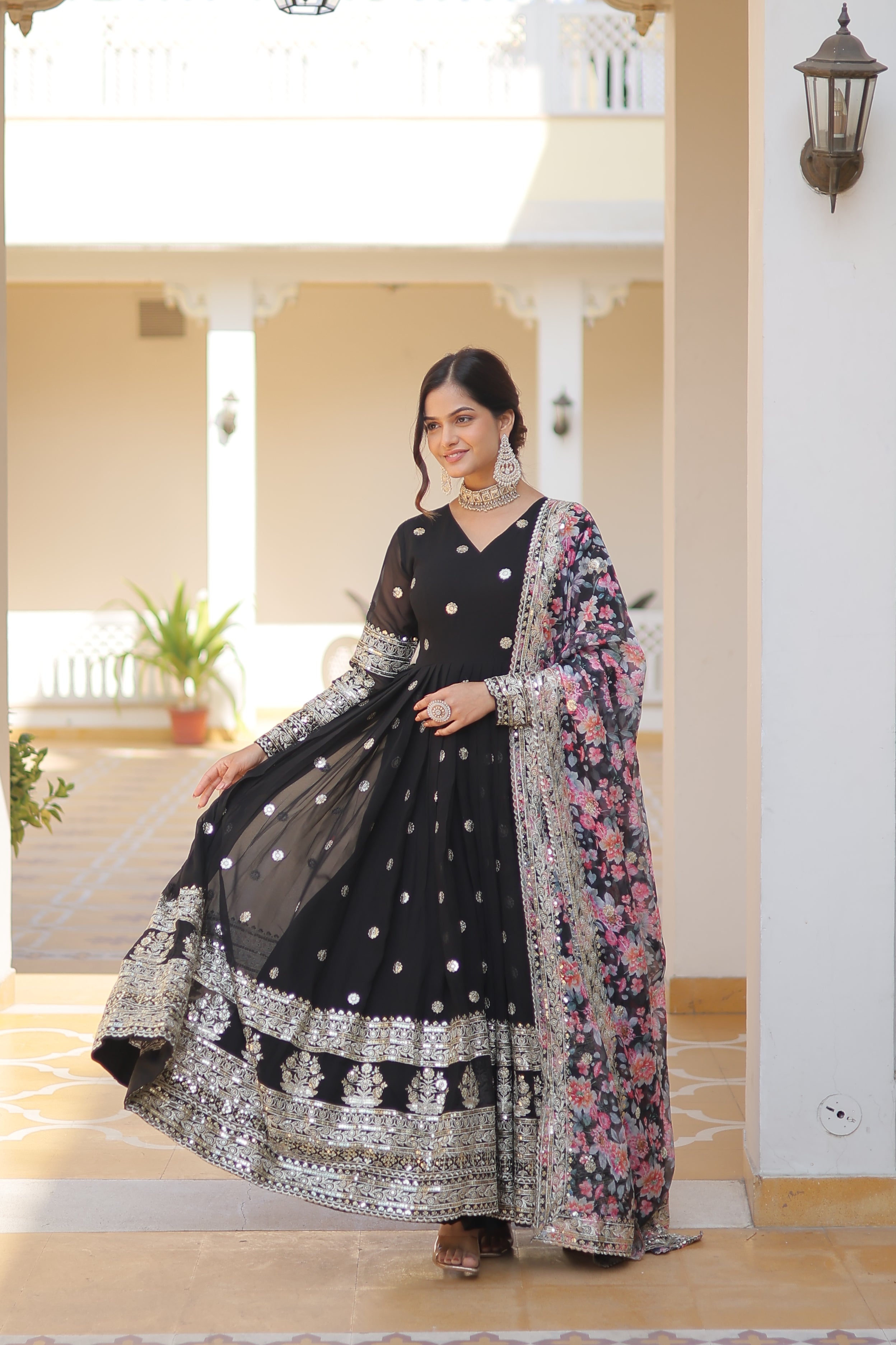 Women’s Black Georgette Gown – Elegant Designer Wear with Embroidered Detailing