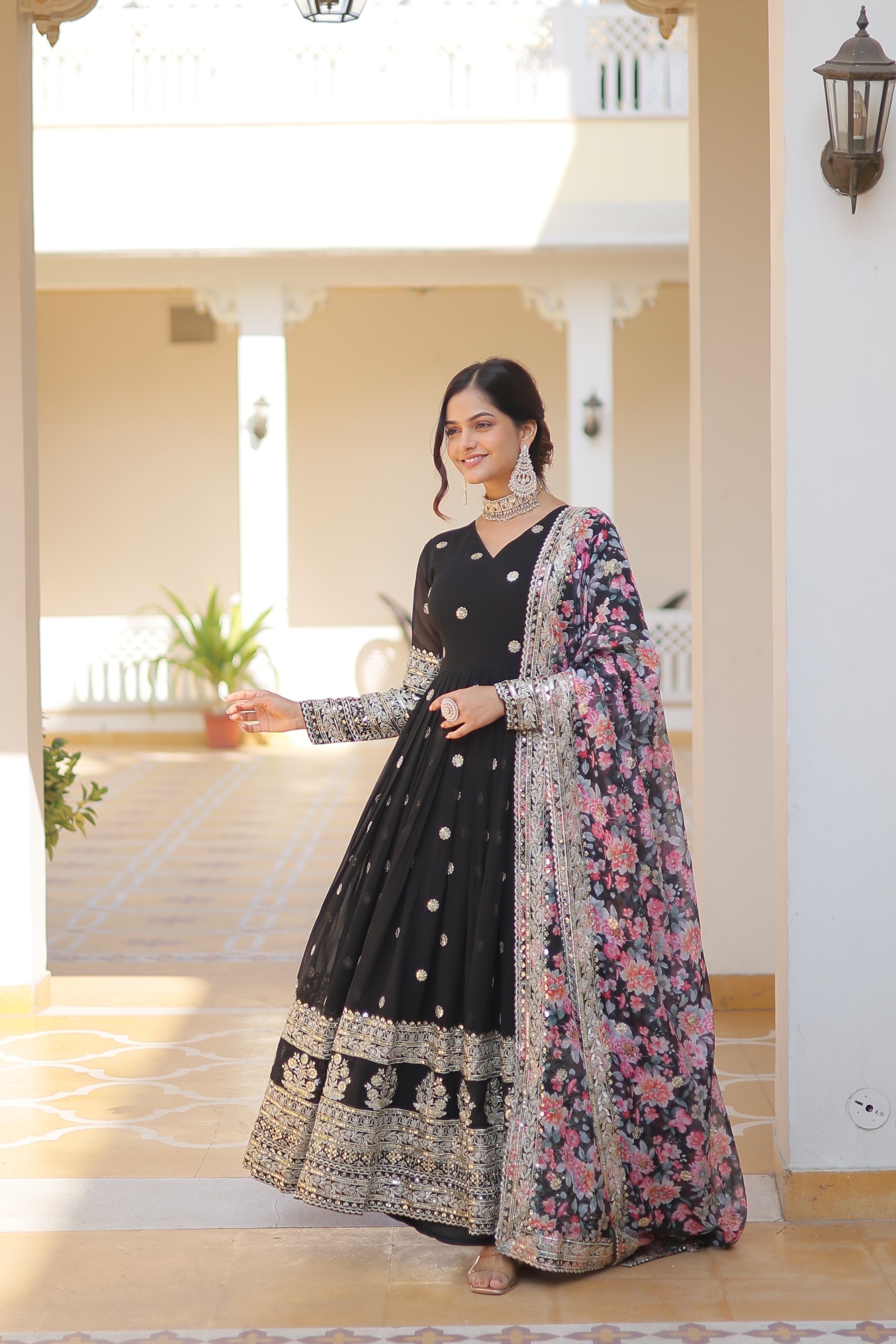 Women’s Black Georgette Gown – Elegant Designer Wear with Embroidered Detailing