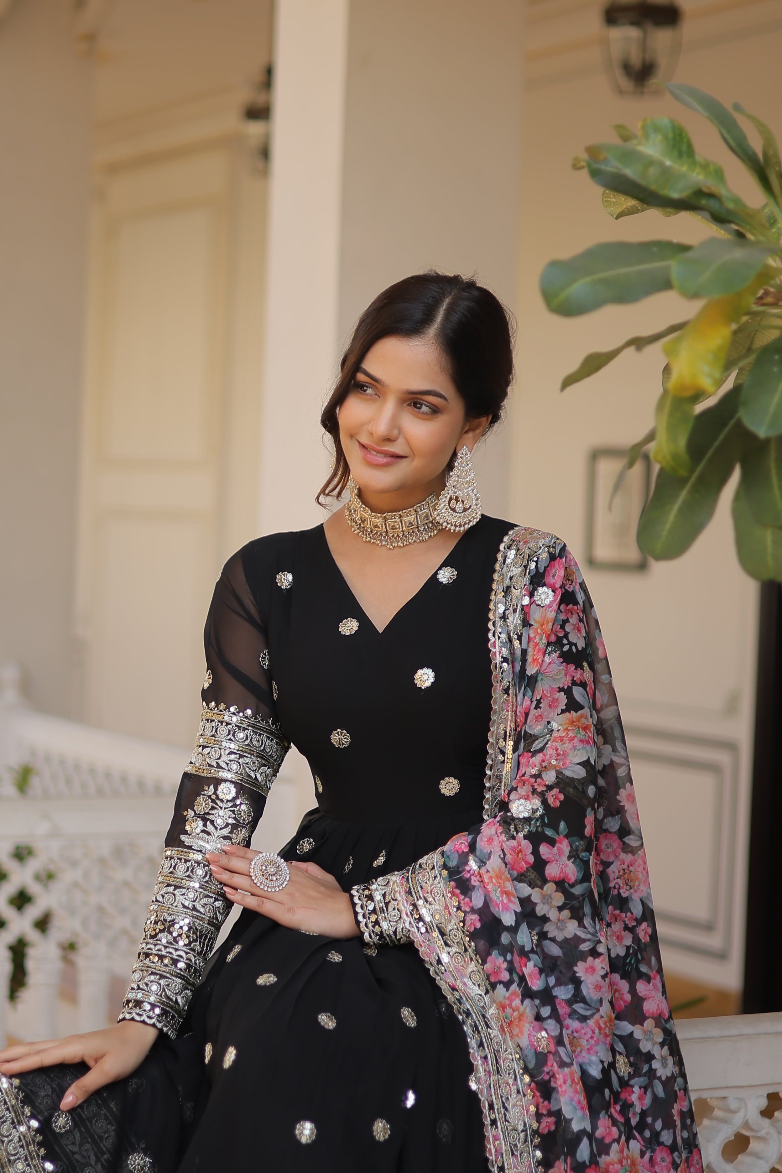 Women’s Black Georgette Gown – Elegant Designer Wear with Embroidered Detailing