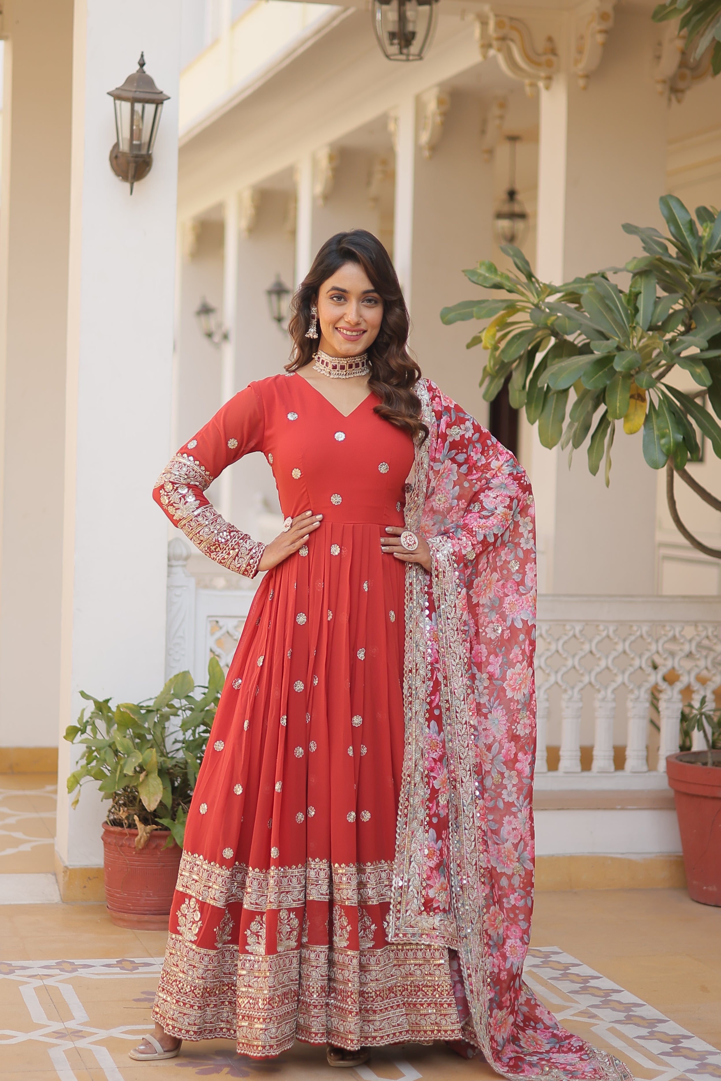 Women’s Orange Georgette Gown – Elegant Designer Wear with Embroidered Detailing