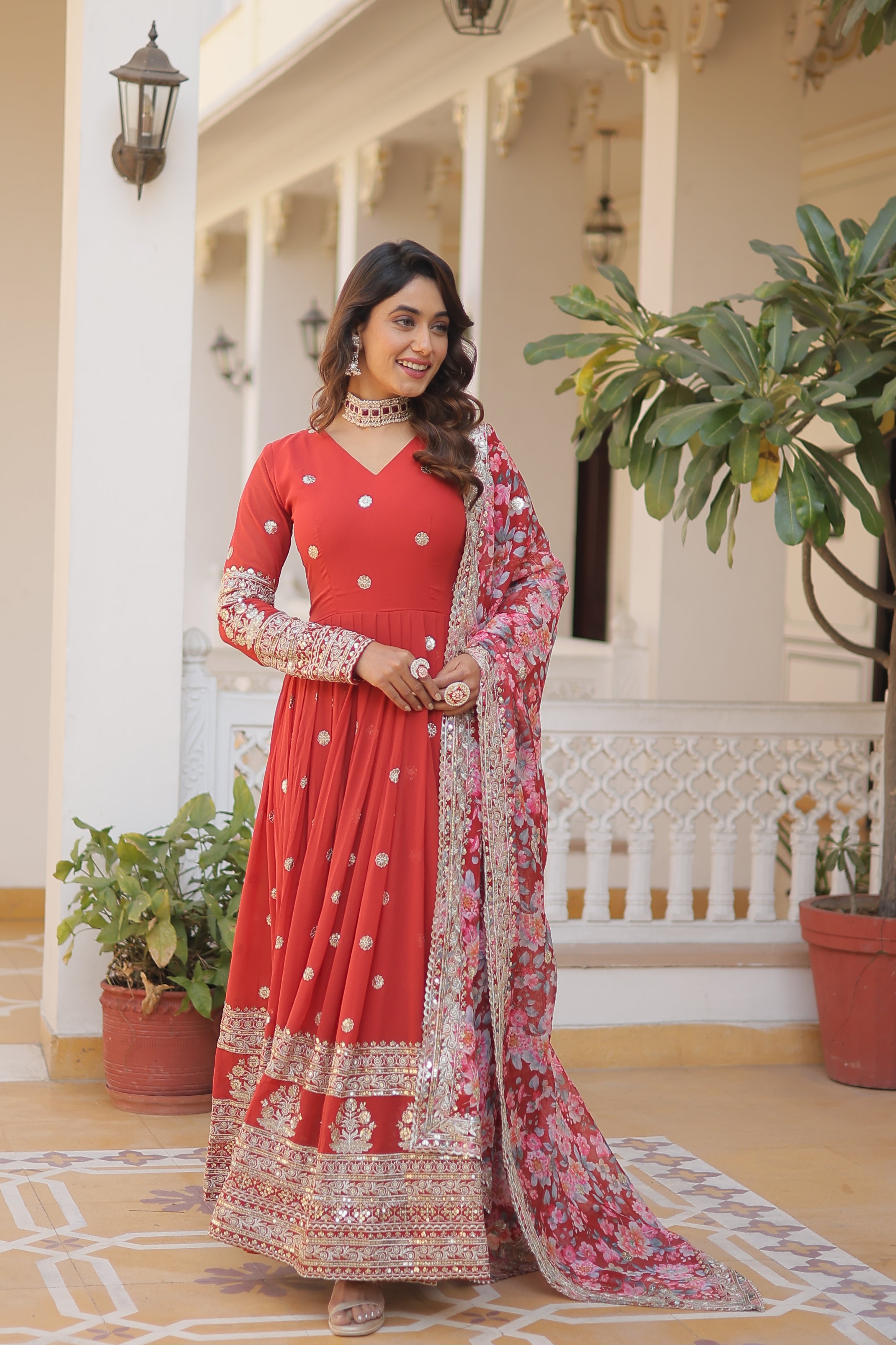 Women’s Orange Georgette Gown – Elegant Designer Wear with Embroidered Detailing