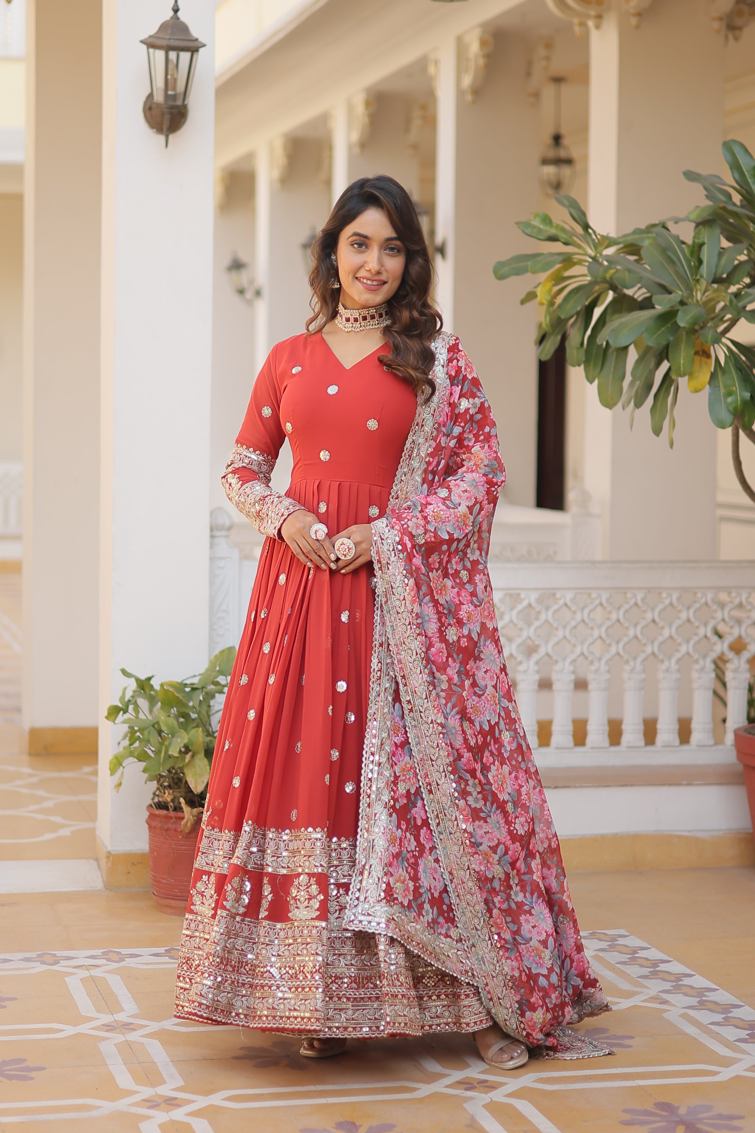 Women’s Orange Georgette Gown – Elegant Designer Wear with Embroidered Detailing