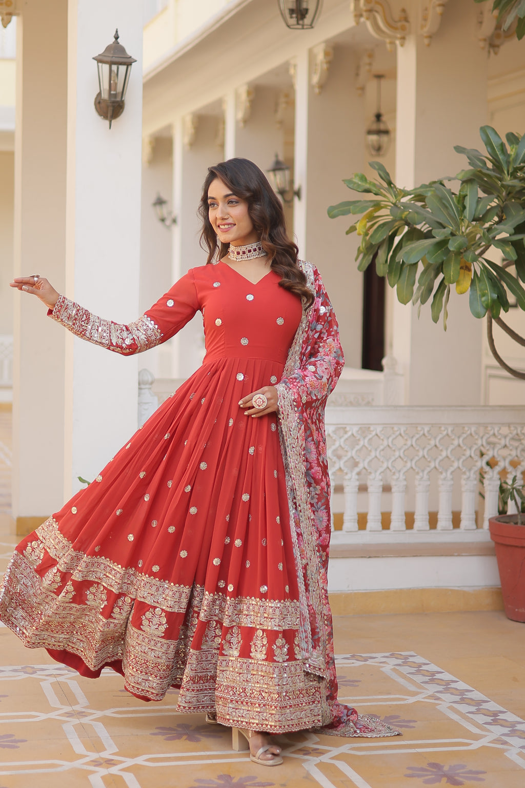 Women’s Orange Georgette Gown – Elegant Designer Wear with Embroidered Detailing