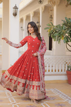 Women’s Orange Georgette Gown – Elegant Designer Wear with Embroidered Detailing